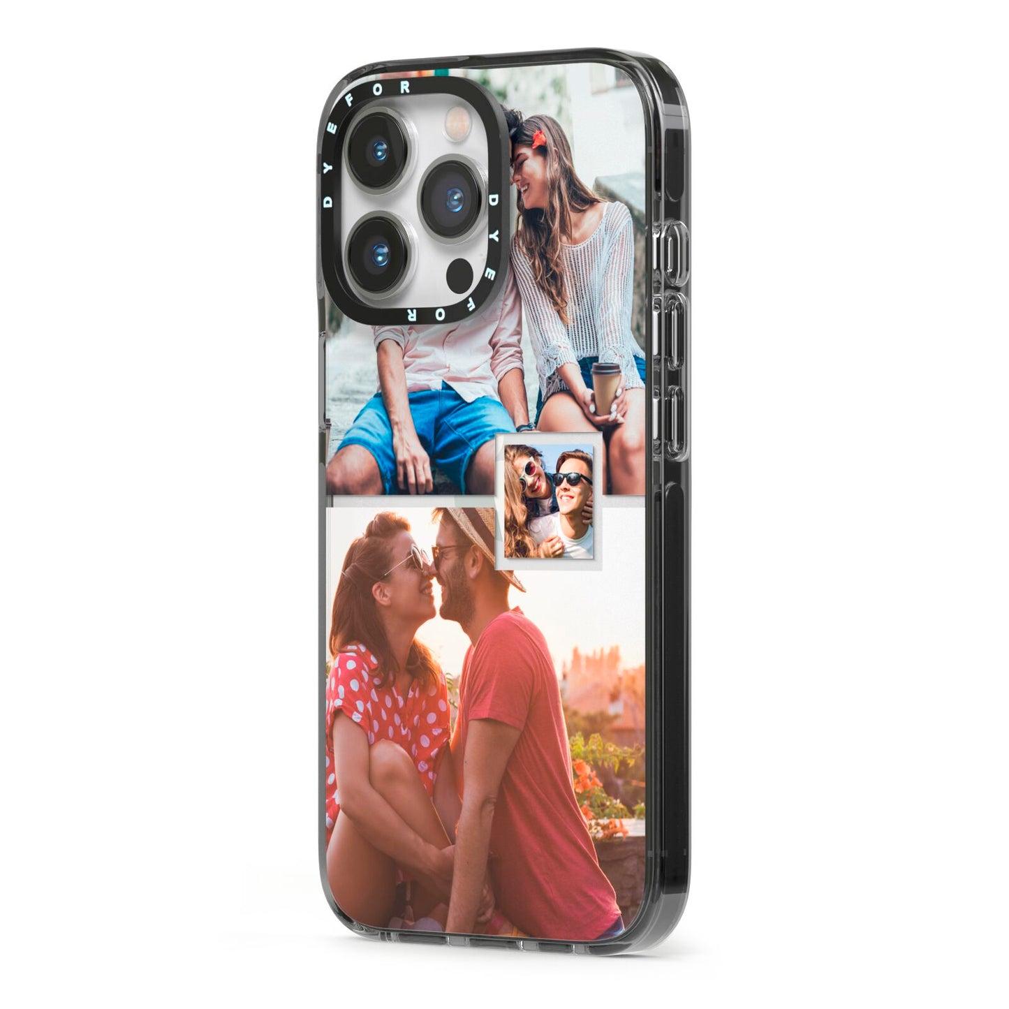 Multi Photo Square Collage iPhone 13 Pro Black Impact Case Side Angle on Silver phone