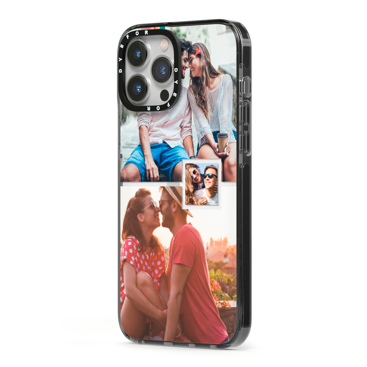 Multi Photo Square Collage iPhone 13 Pro Max Black Impact Case Side Angle on Silver phone