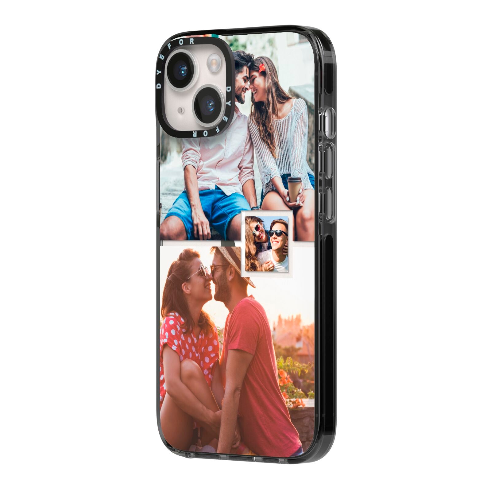 Multi Photo Square Collage iPhone 14 Black Impact Case Side Angle on Silver phone