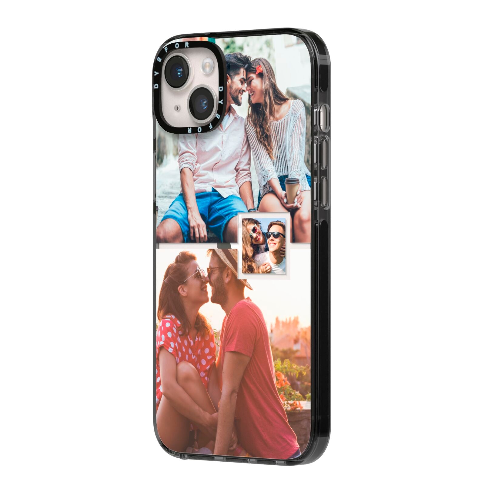 Multi Photo Square Collage iPhone 14 Plus Black Impact Case Side Angle on Silver phone