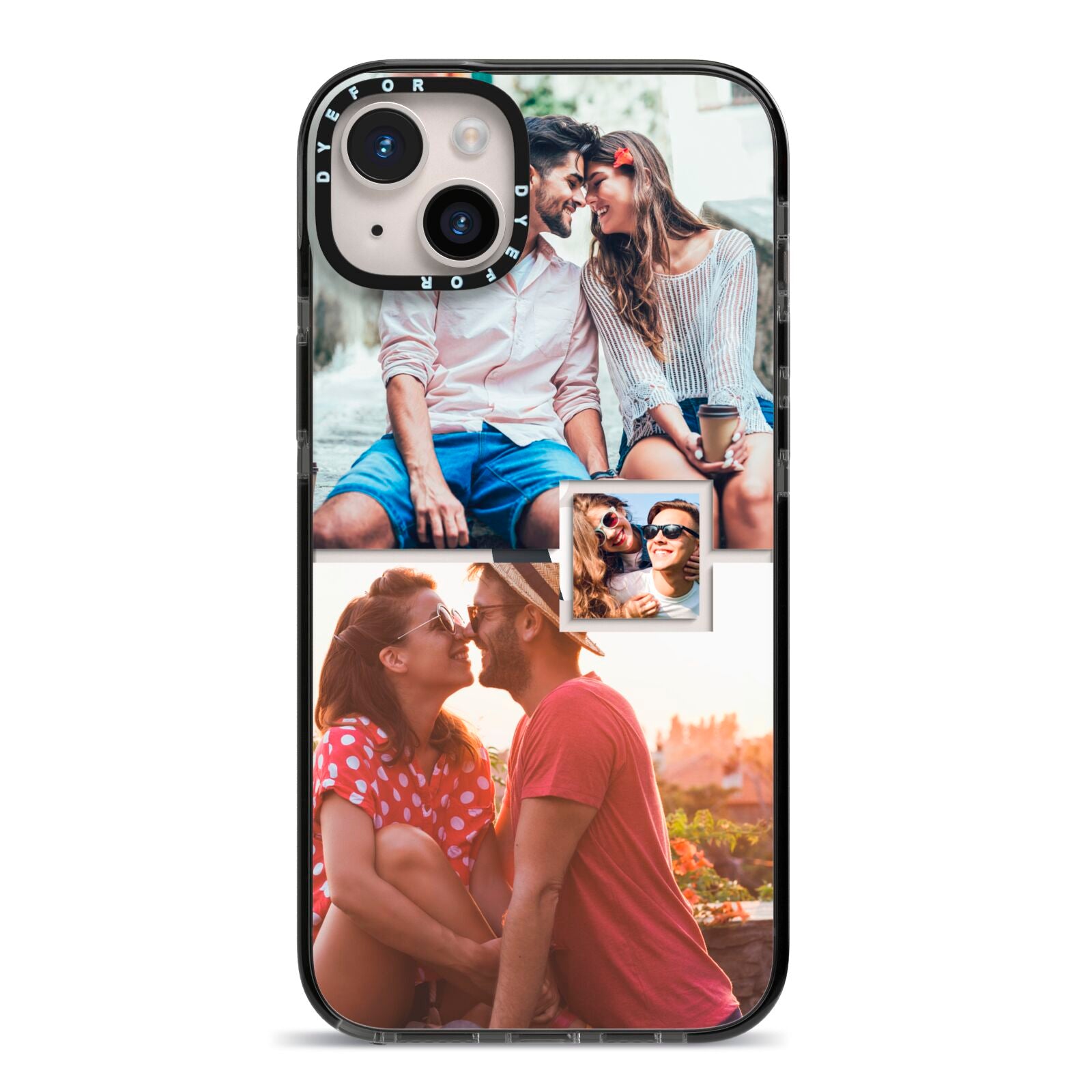Multi Photo Square Collage iPhone 14 Plus Black Impact Case on Silver phone