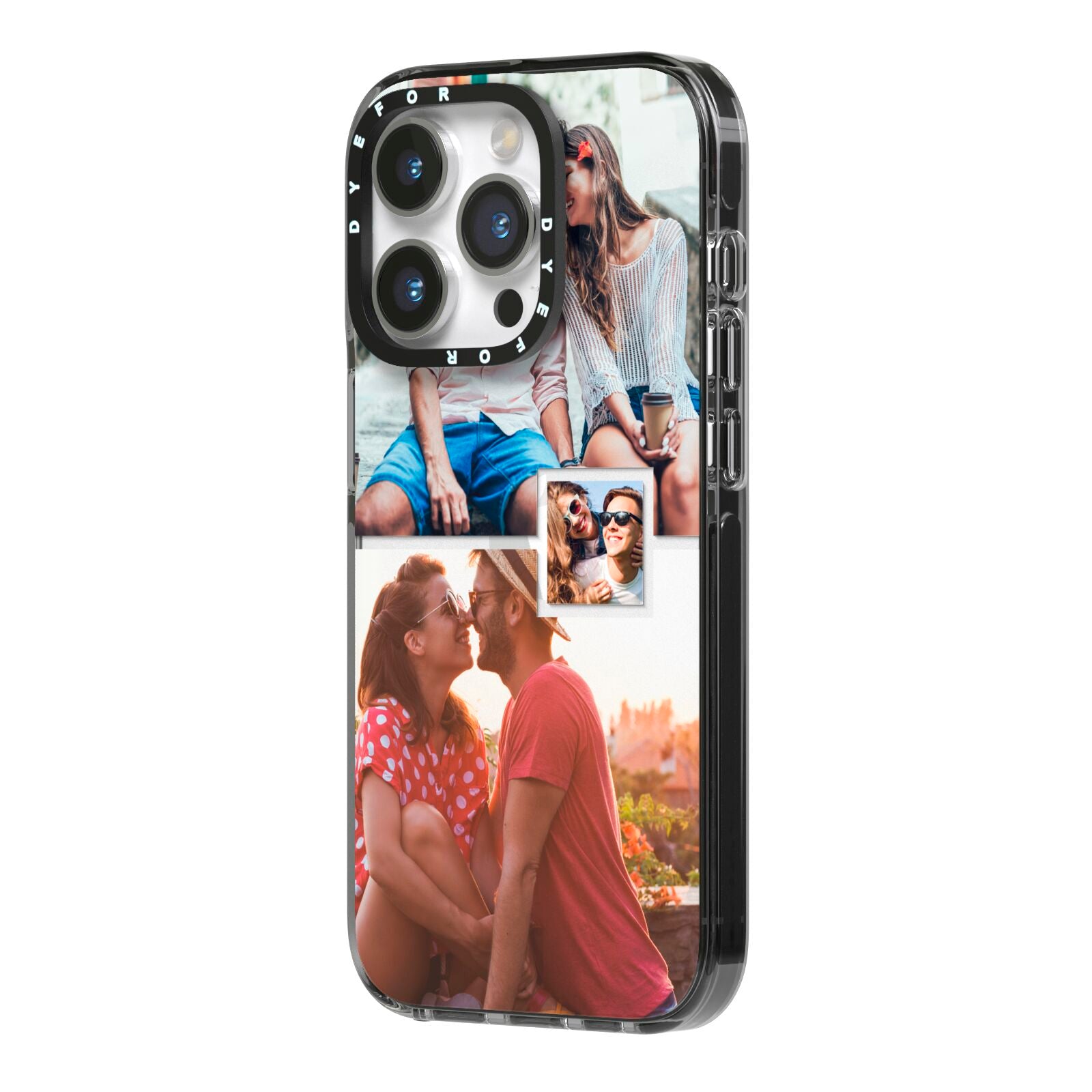 Multi Photo Square Collage iPhone 14 Pro Black Impact Case Side Angle on Silver phone