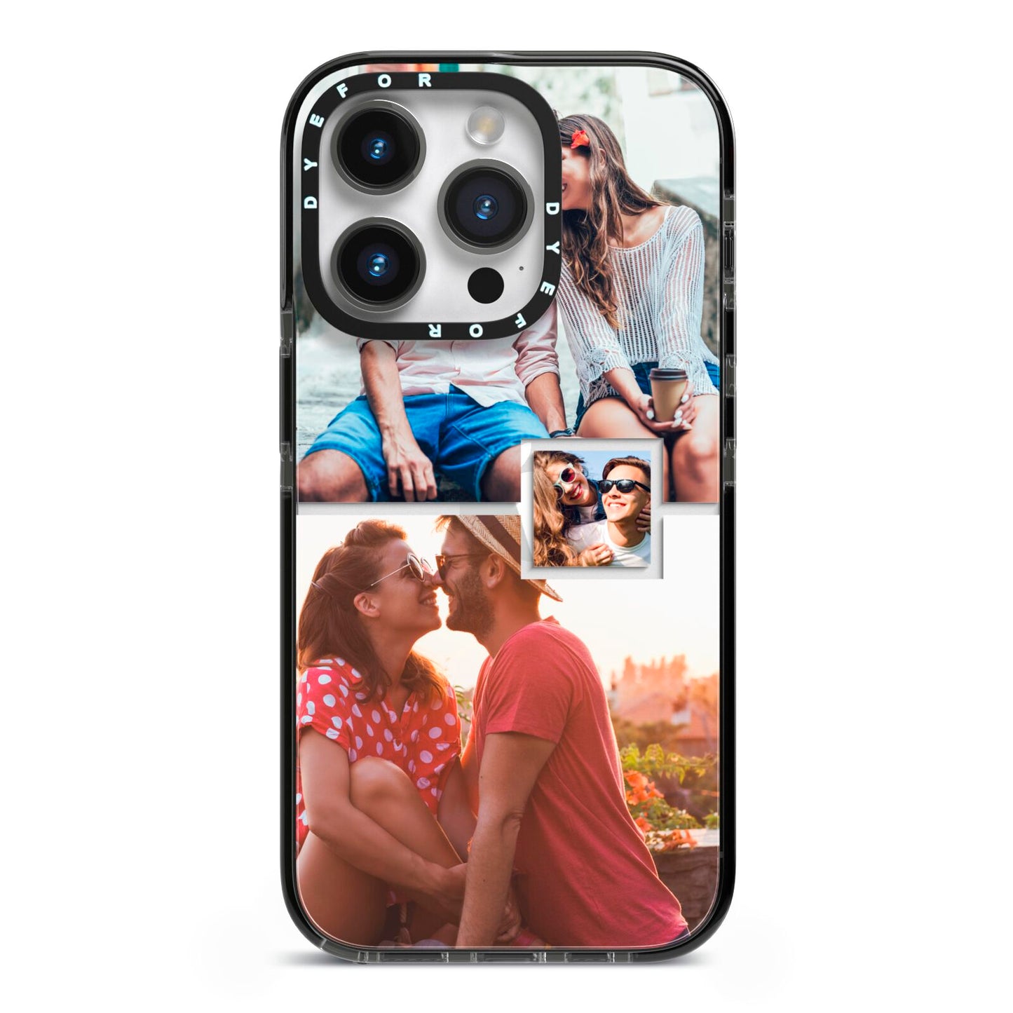 Multi Photo Square Collage iPhone 14 Pro Black Impact Case on Silver phone