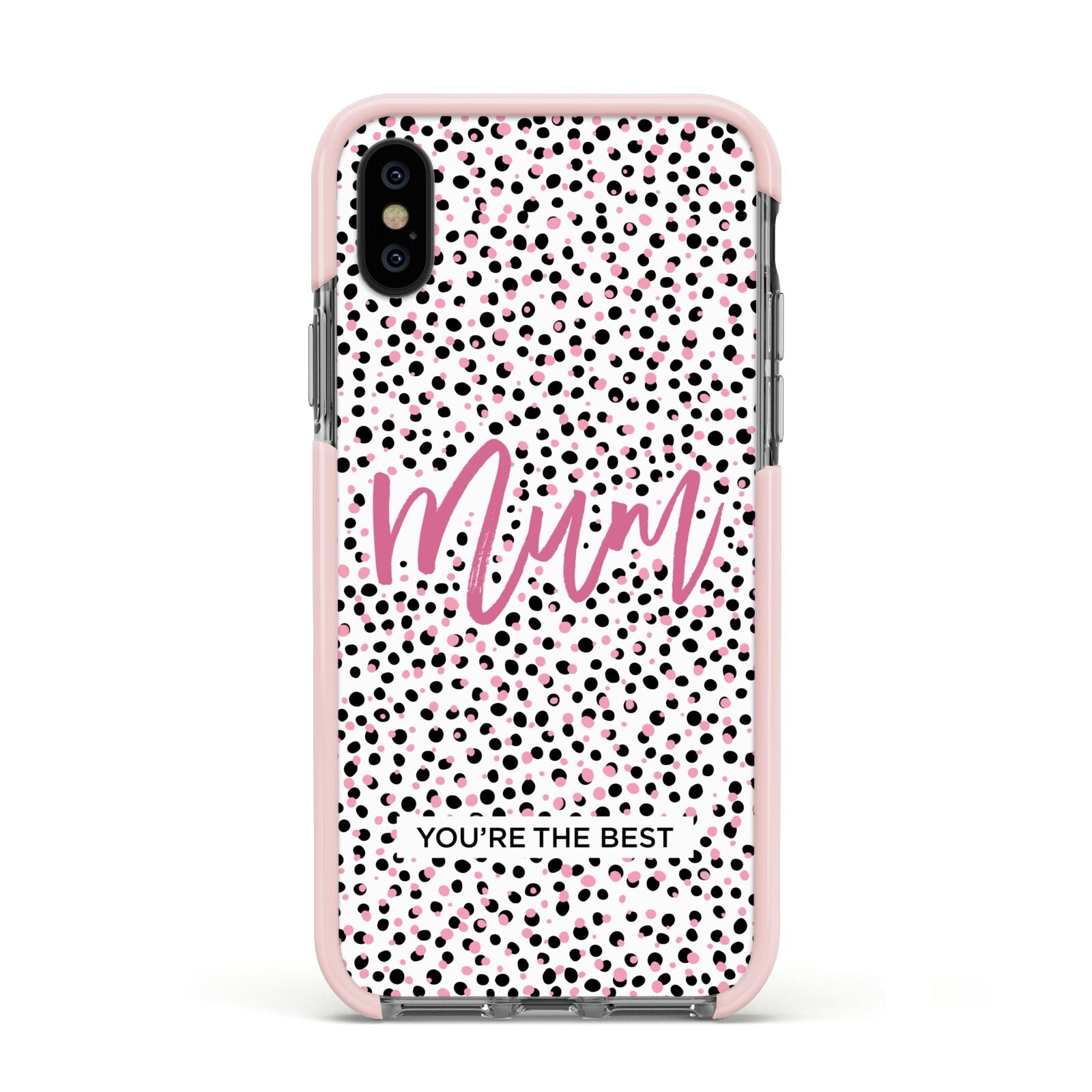 Mum Polka Dots Mothers Day Apple iPhone Xs Impact Case Pink Edge on Black Phone