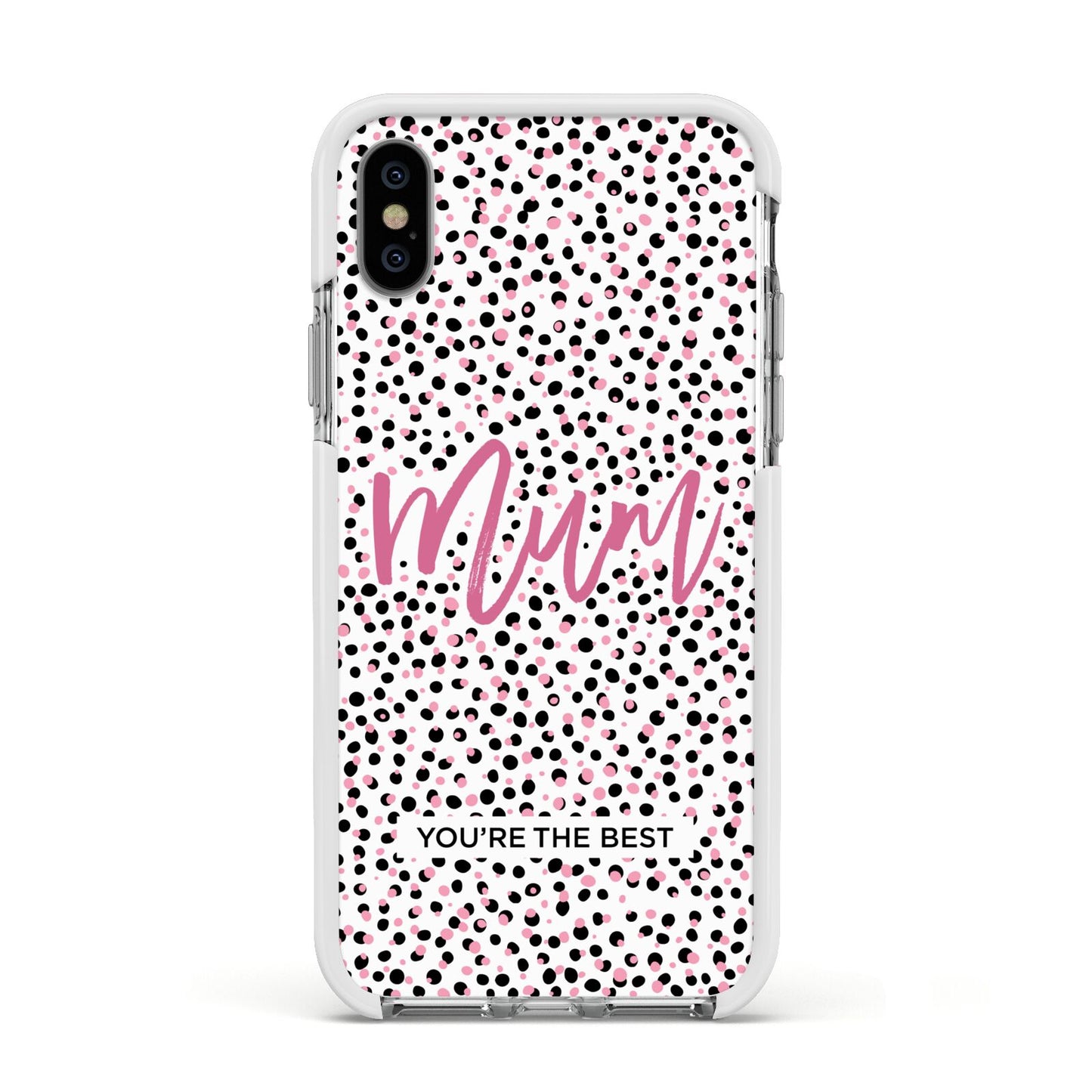 Mum Polka Dots Mothers Day Apple iPhone Xs Impact Case White Edge on Silver Phone