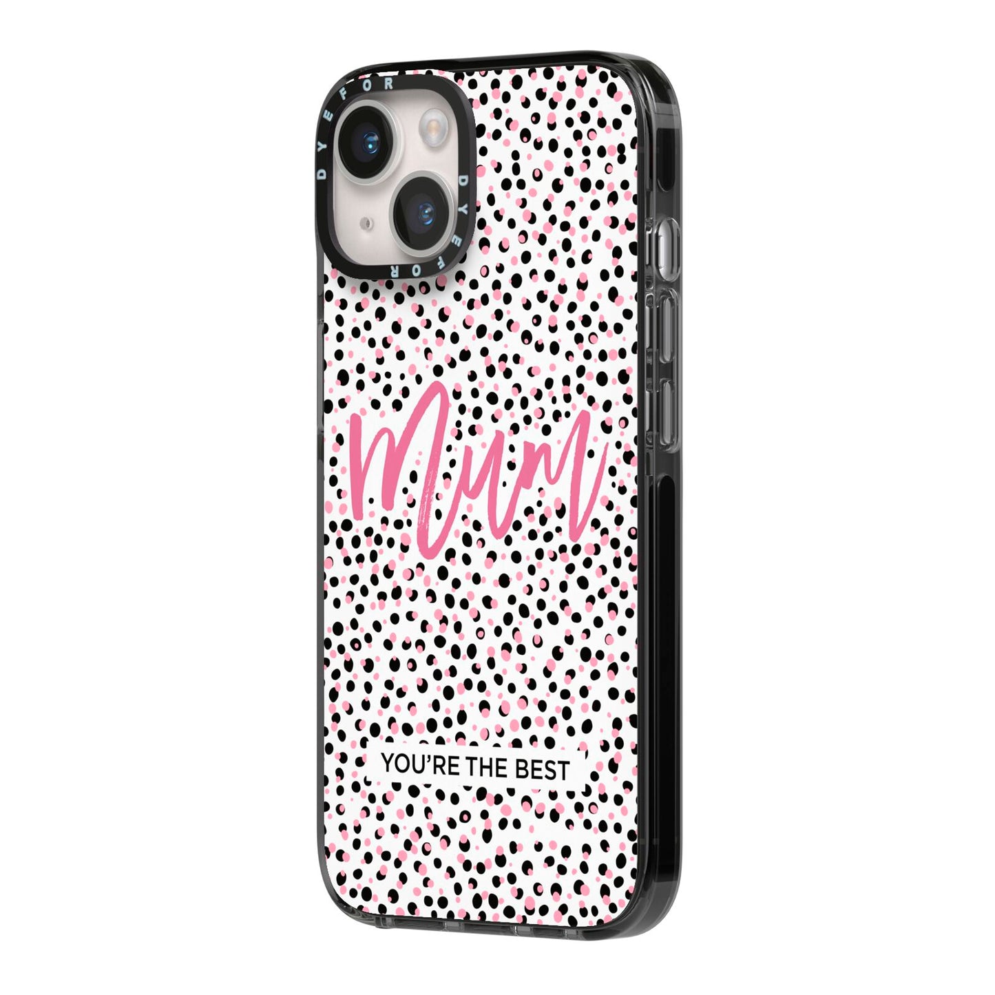 Mum Polka Dots Mothers Day iPhone 14 Black Impact Case Side Angle on Silver phone