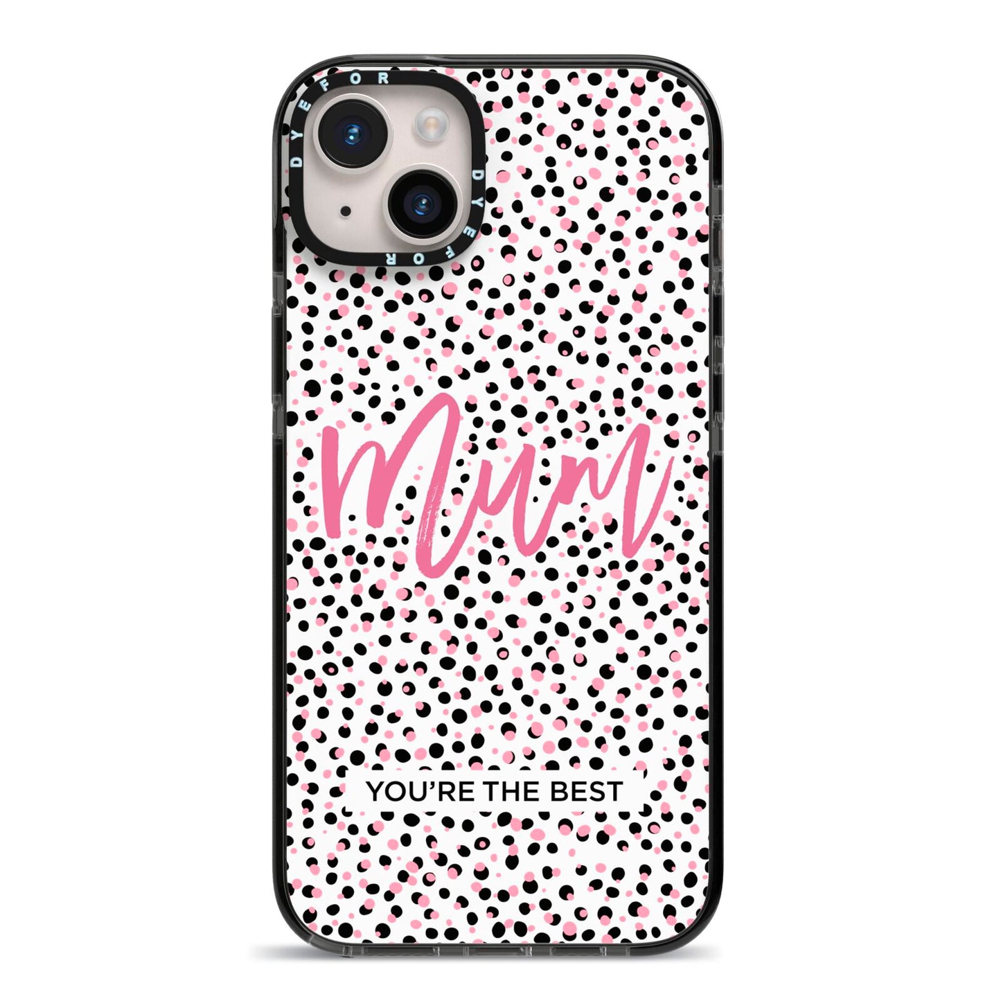 Mum Polka Dots Mothers Day iPhone 14 Plus Black Impact Case on Silver phone