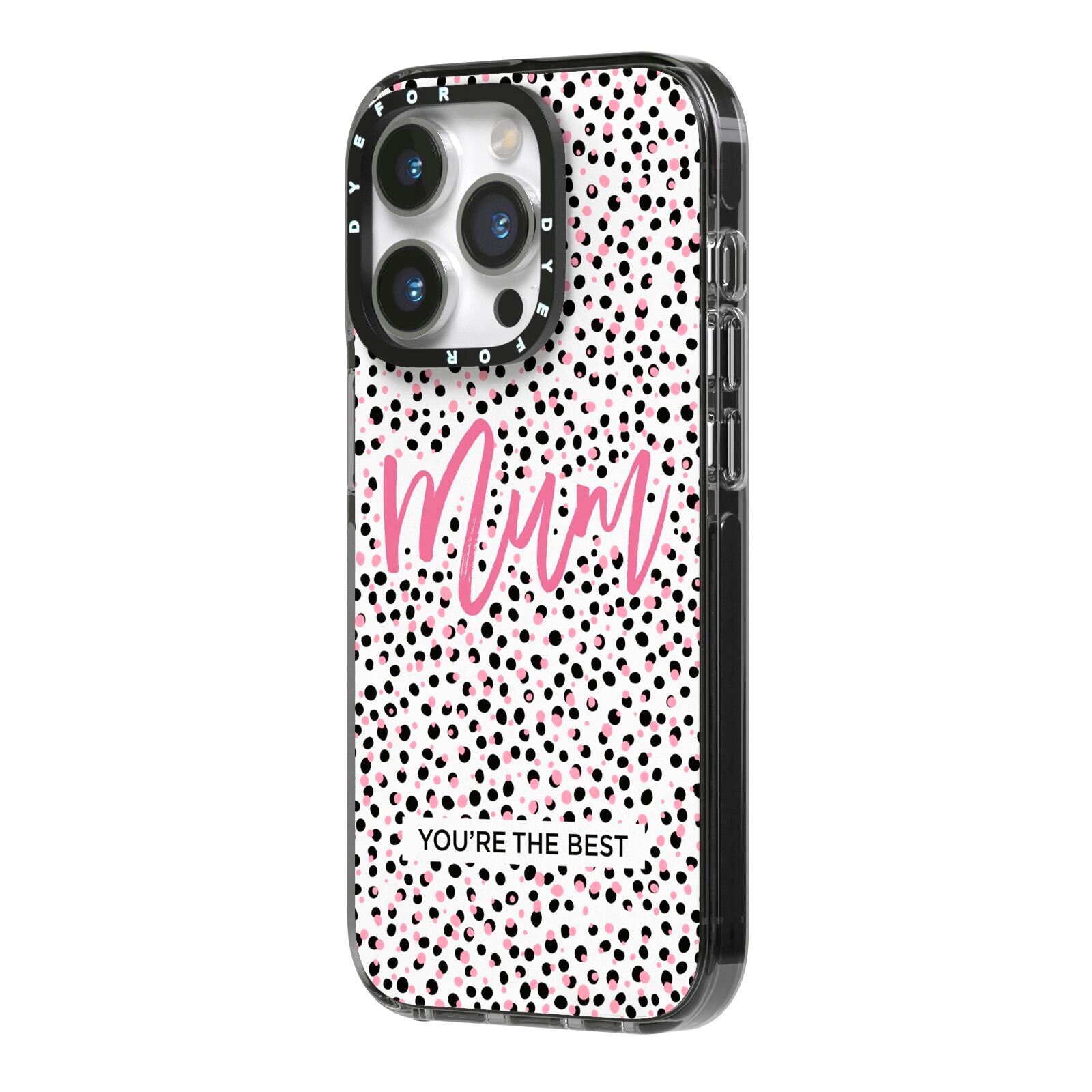 Mum Polka Dots Mothers Day iPhone 14 Pro Black Impact Case Side Angle on Silver phone