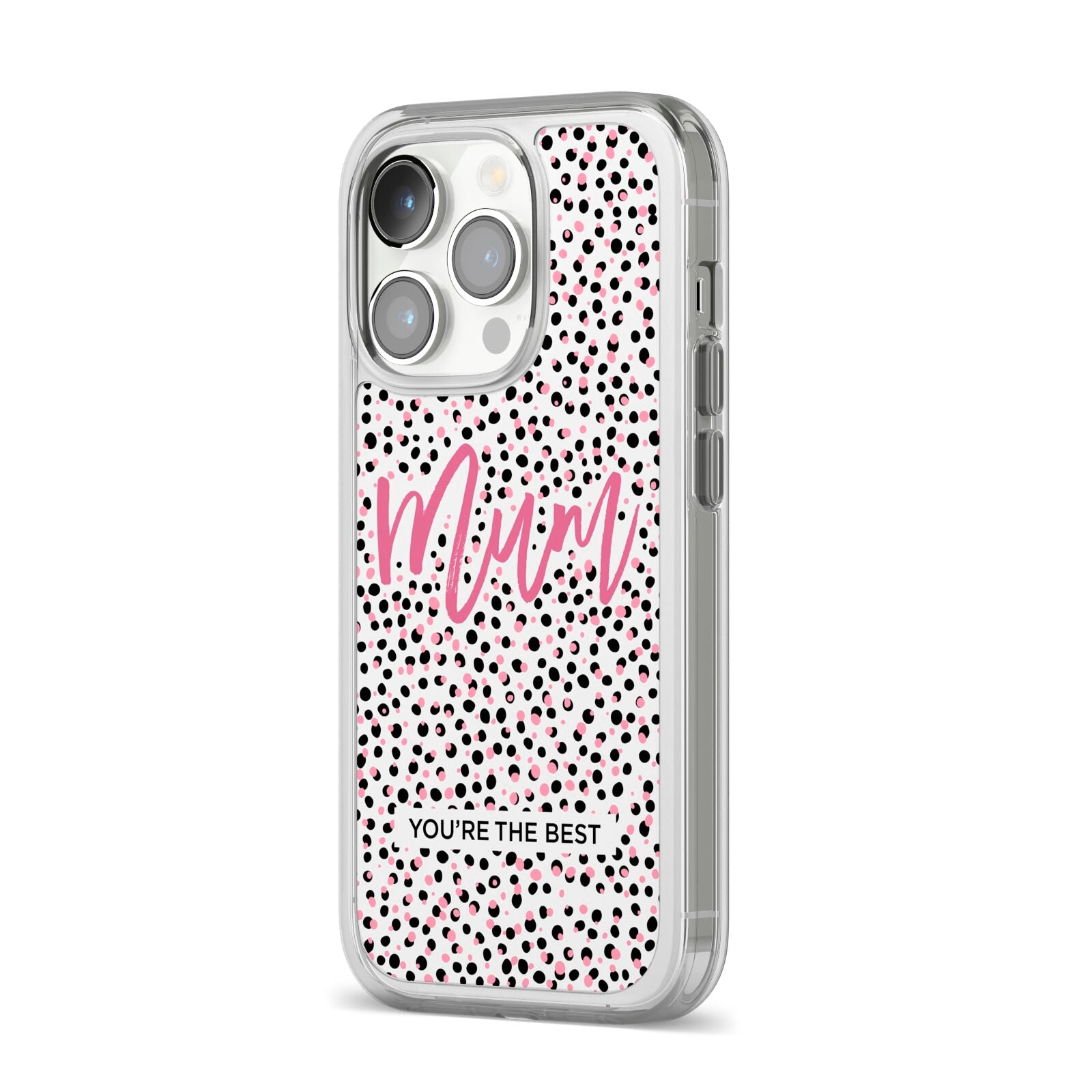 Mum Polka Dots Mothers Day iPhone 14 Pro Clear Tough Case Silver Angled Image
