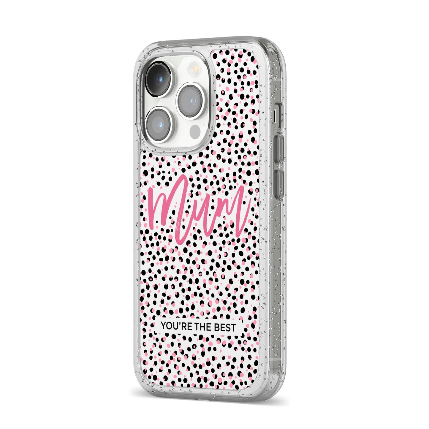 Mum Polka Dots Mothers Day iPhone 14 Pro Glitter Tough Case Silver Angled Image
