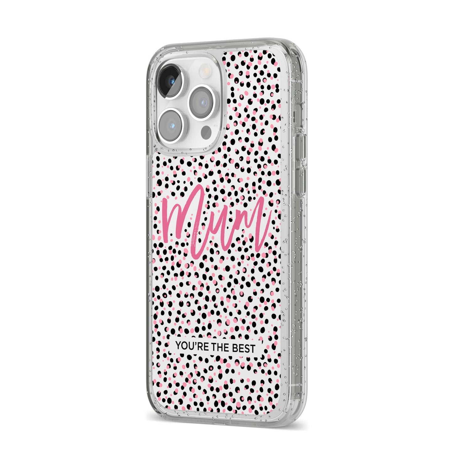 Mum Polka Dots Mothers Day iPhone 14 Pro Max Glitter Tough Case Silver Angled Image