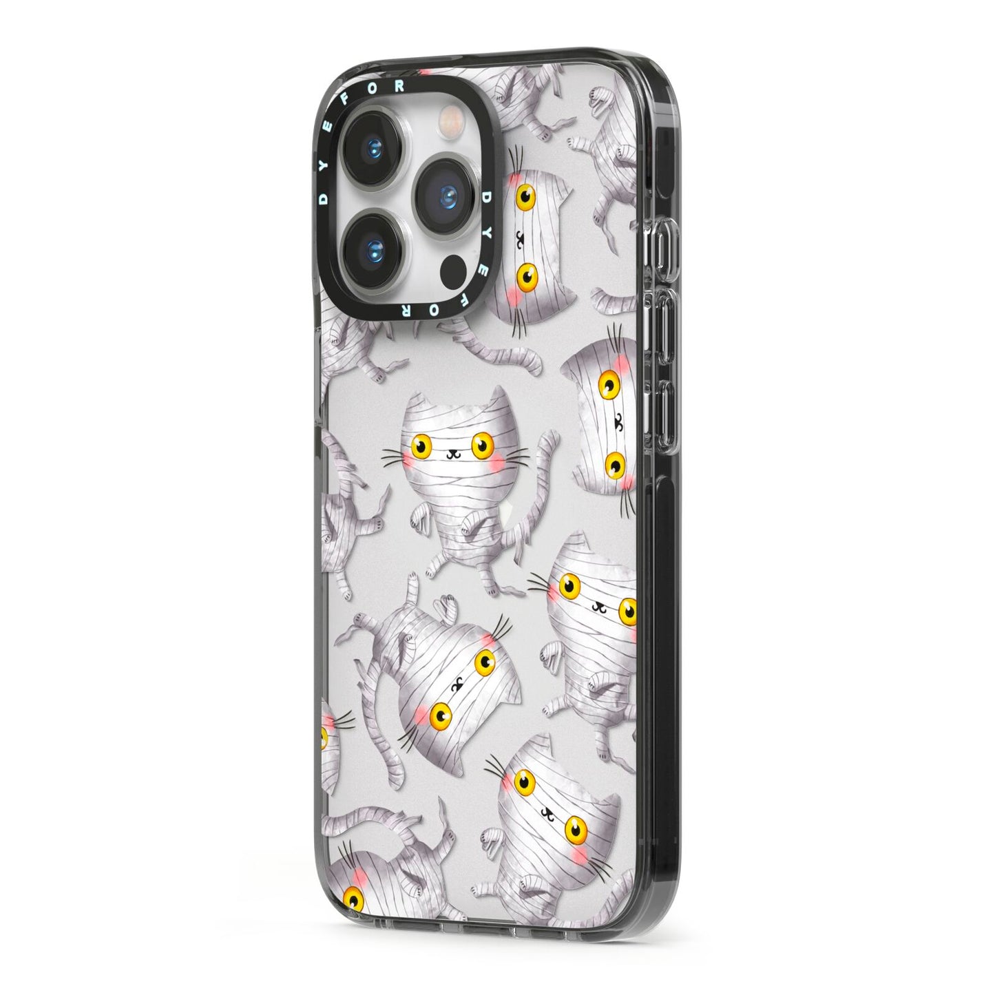 Mummy Cats iPhone 13 Pro Black Impact Case Side Angle on Silver phone