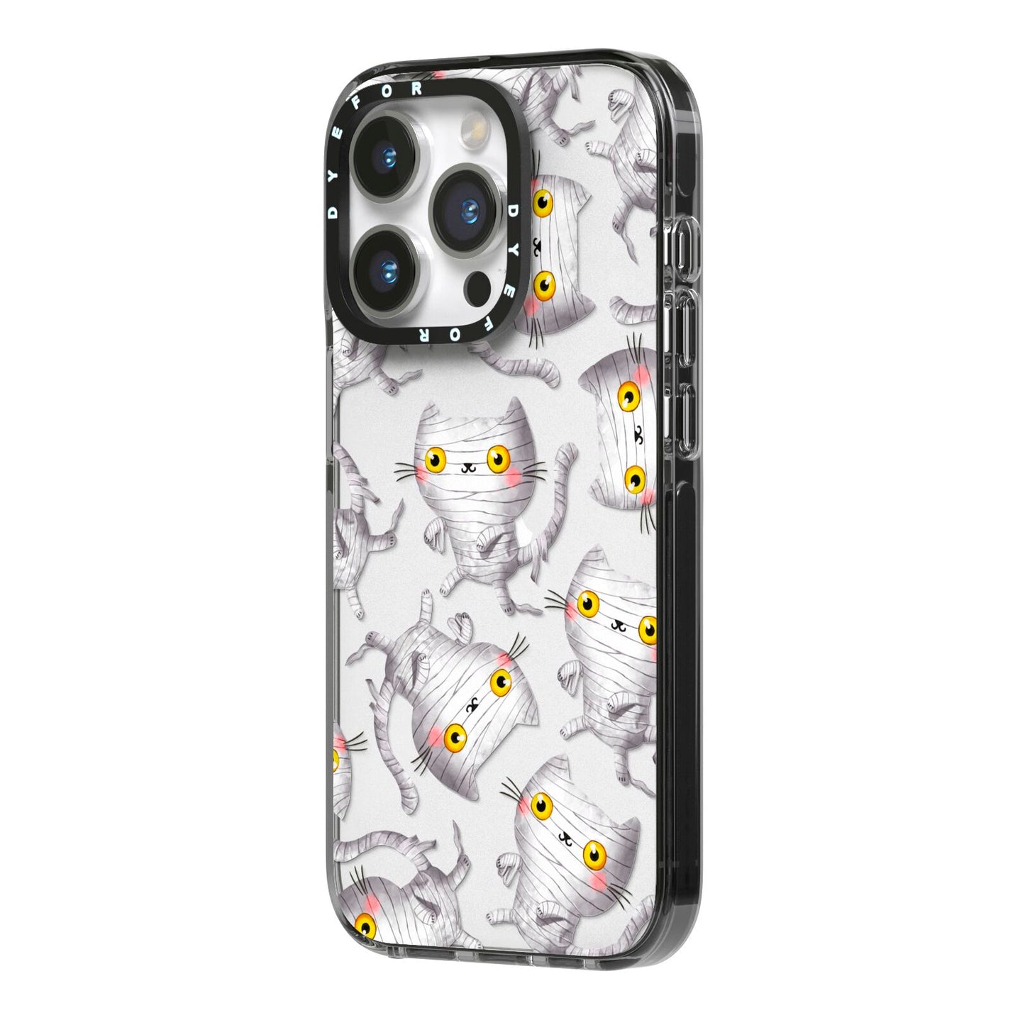 Mummy Cats iPhone 14 Pro Black Impact Case Side Angle on Silver phone