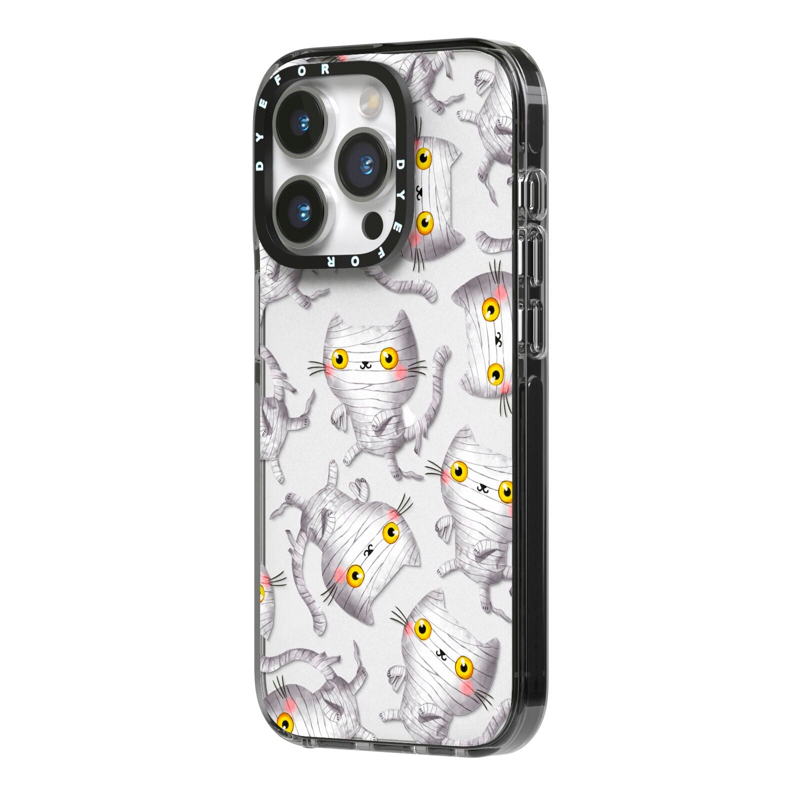 Mummy Cats iPhone 14 Pro Black Impact Case Side Angle on Silver phone