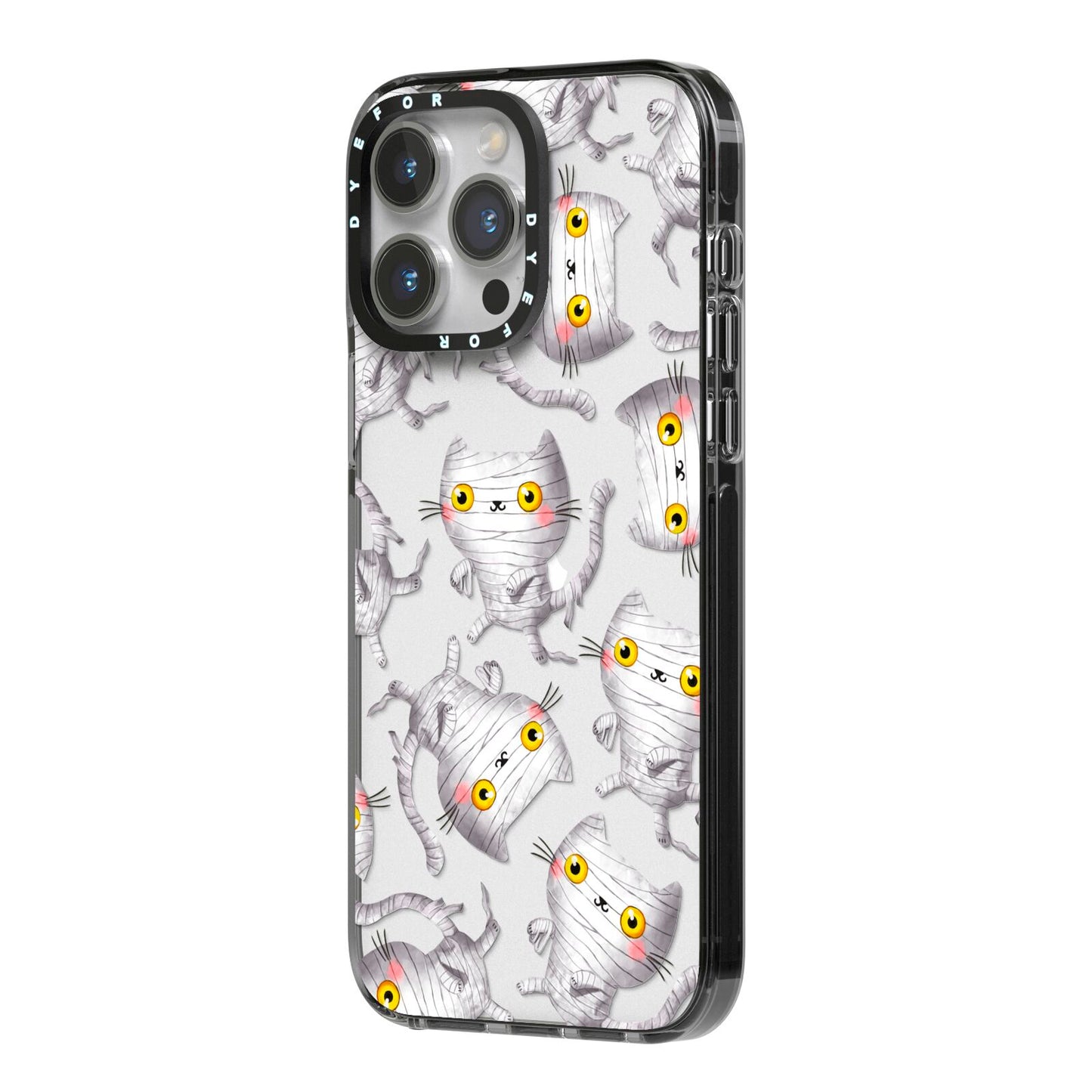 Mummy Cats iPhone 14 Pro Max Black Impact Case Side Angle on Silver phone