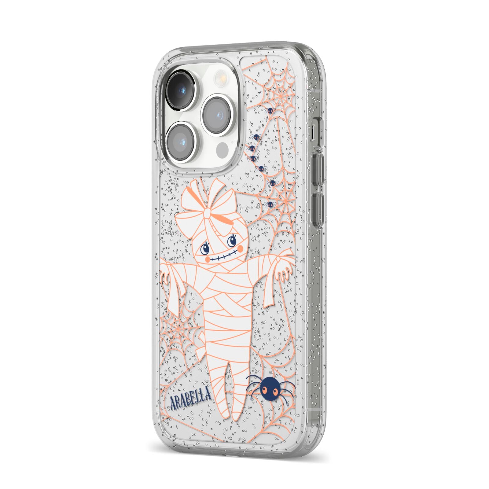 Mummy Halloween iPhone 14 Pro Glitter Tough Case Silver Angled Image