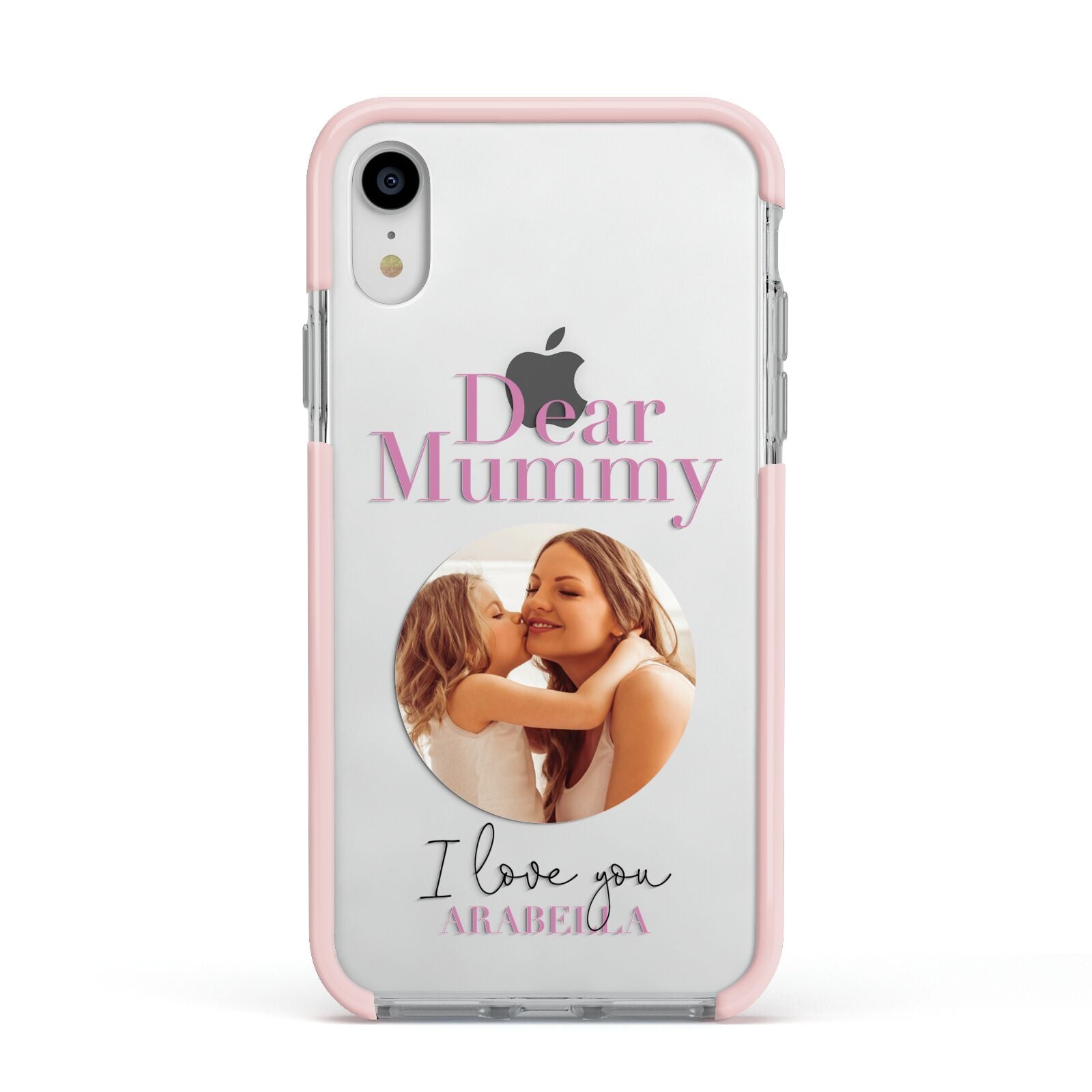 Mummy Personalised Photo with Text Apple iPhone XR Impact Case Pink Edge on Silver Phone