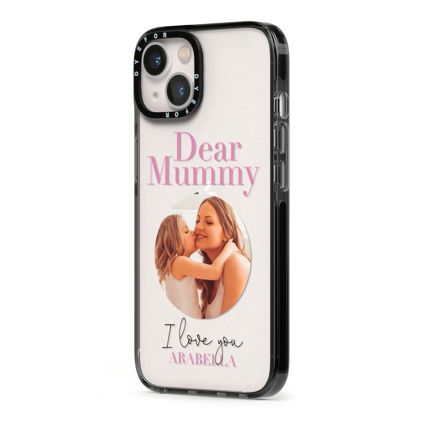 Mummy Personalised Photo with Text iPhone 13 Black Impact Case Side Angle on Silver phone