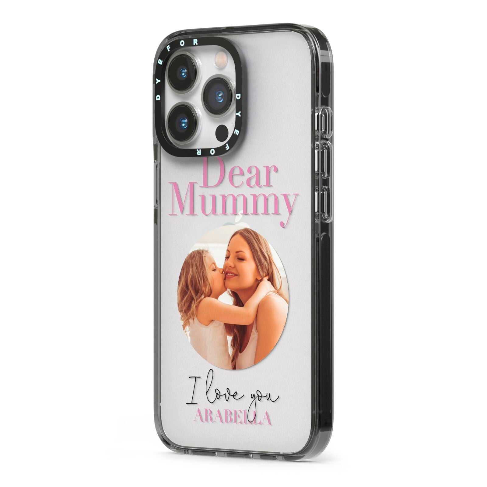 Mummy Personalised Photo with Text iPhone 13 Pro Black Impact Case Side Angle on Silver phone