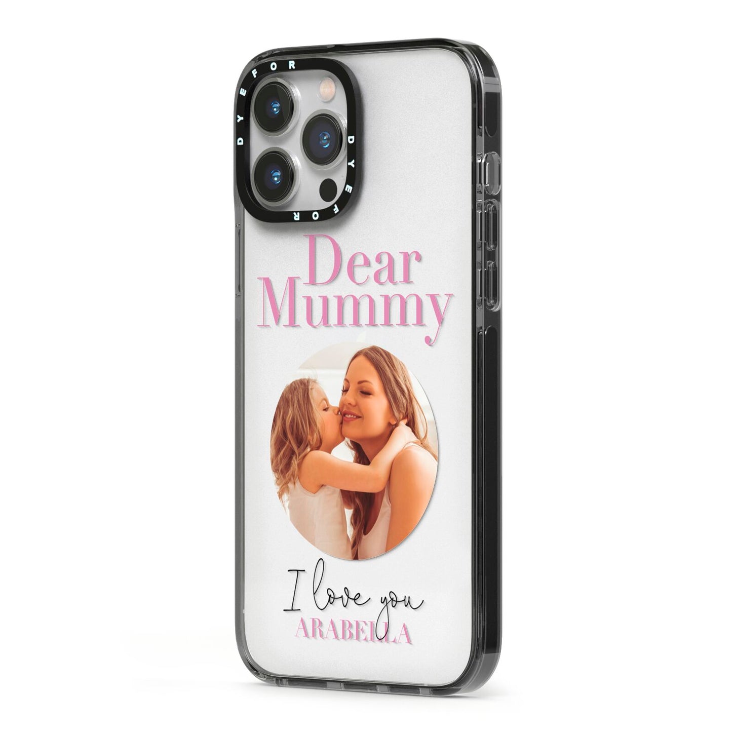 Mummy Personalised Photo with Text iPhone 13 Pro Max Black Impact Case Side Angle on Silver phone