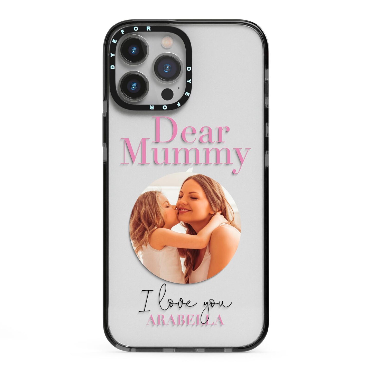 Mummy Personalised Photo with Text iPhone 13 Pro Max Black Impact Case on Silver phone