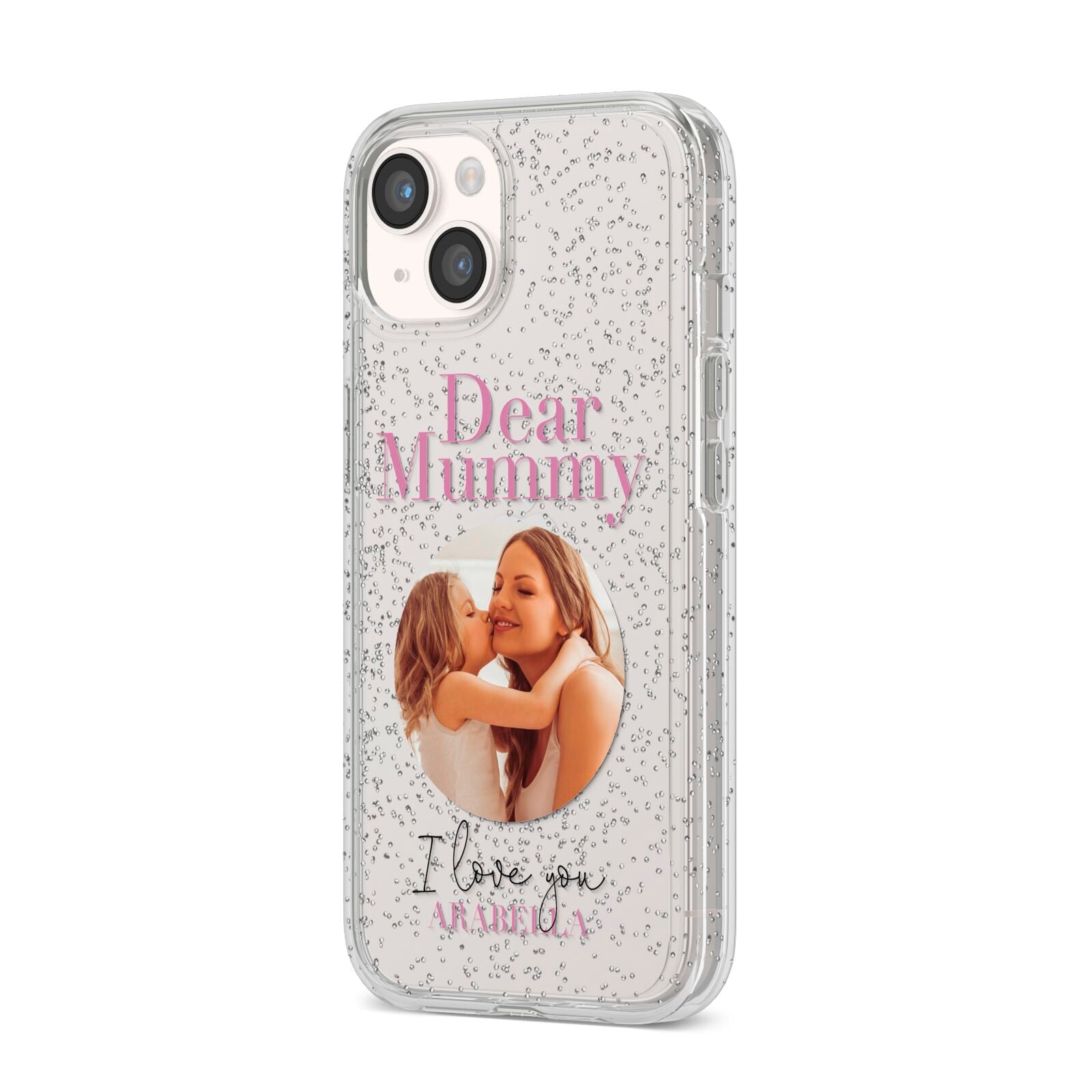 Mummy Personalised Photo with Text iPhone 14 Glitter Tough Case Starlight Angled Image