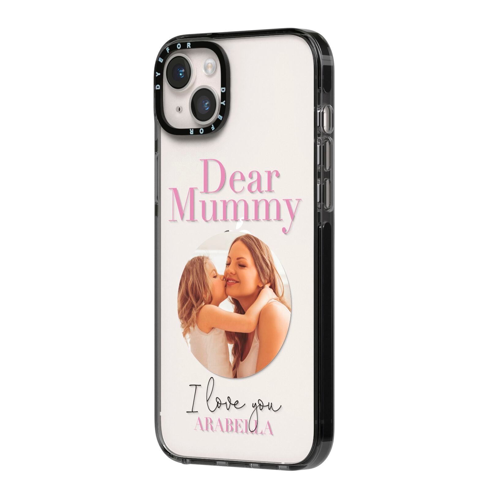 Mummy Personalised Photo with Text iPhone 14 Plus Black Impact Case Side Angle on Silver phone