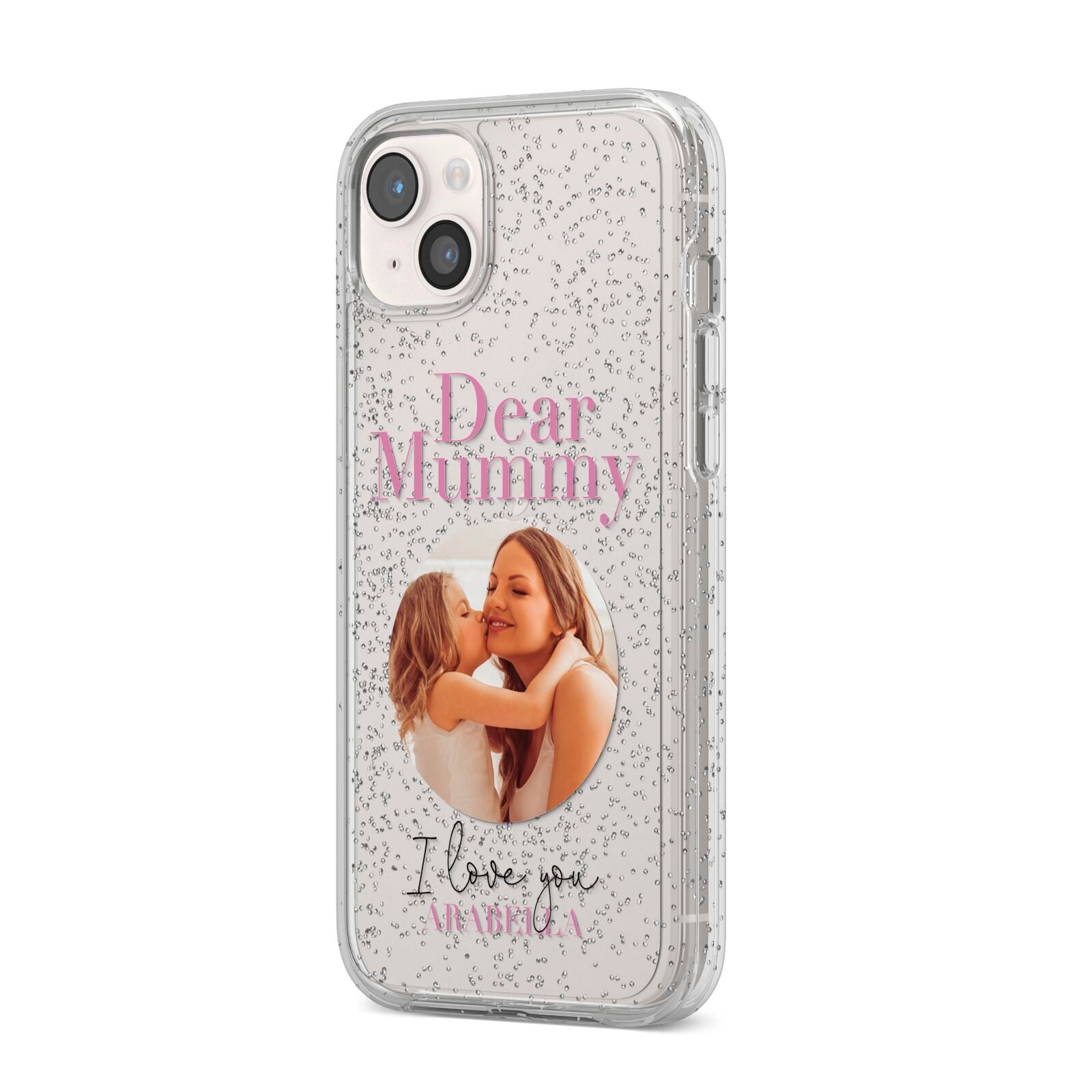 Mummy Personalised Photo with Text iPhone 14 Plus Glitter Tough Case Starlight Angled Image