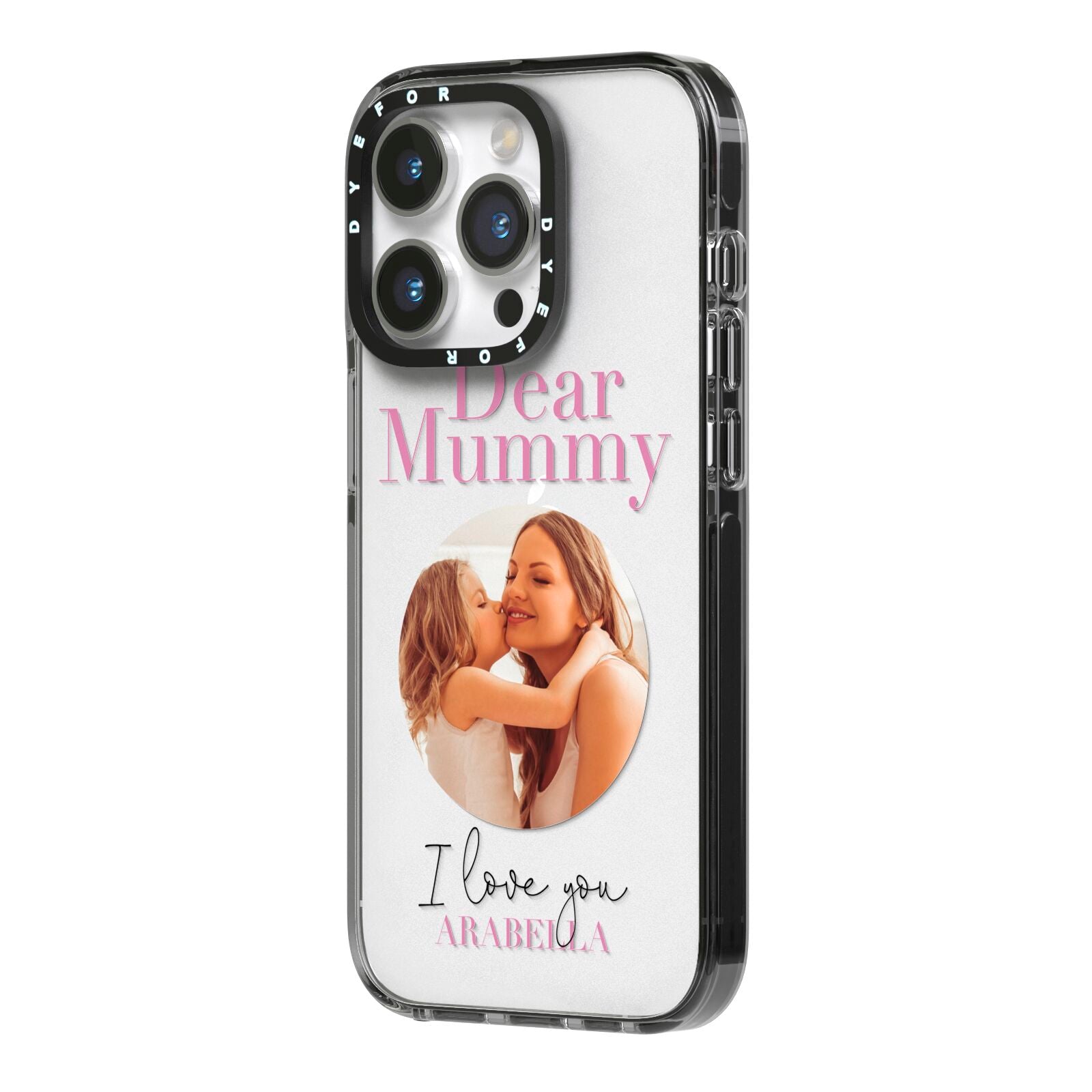 Mummy Personalised Photo with Text iPhone 14 Pro Black Impact Case Side Angle on Silver phone