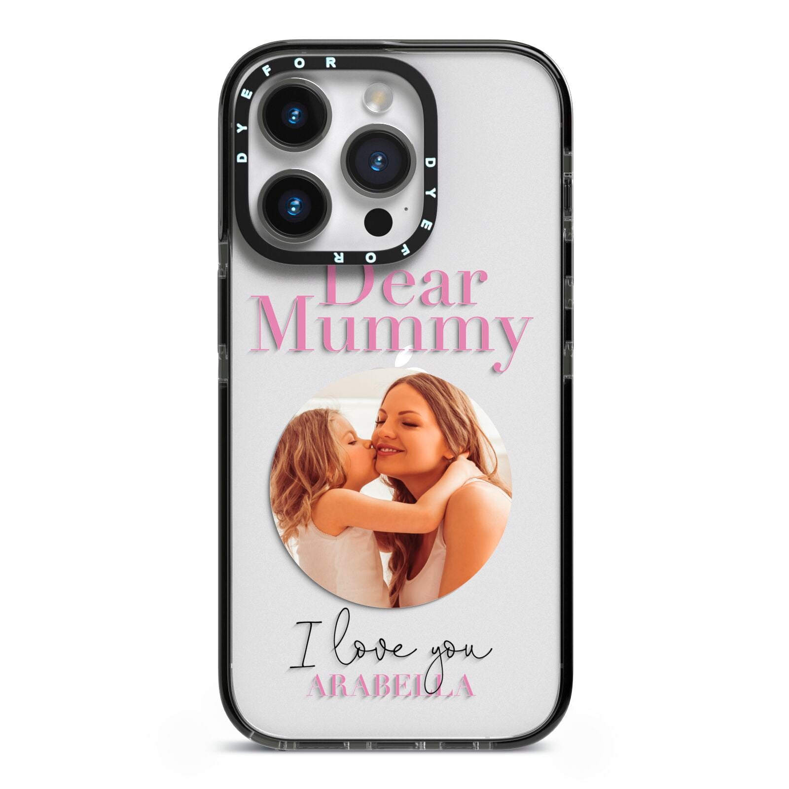 Mummy Personalised Photo with Text iPhone 14 Pro Black Impact Case on Silver phone