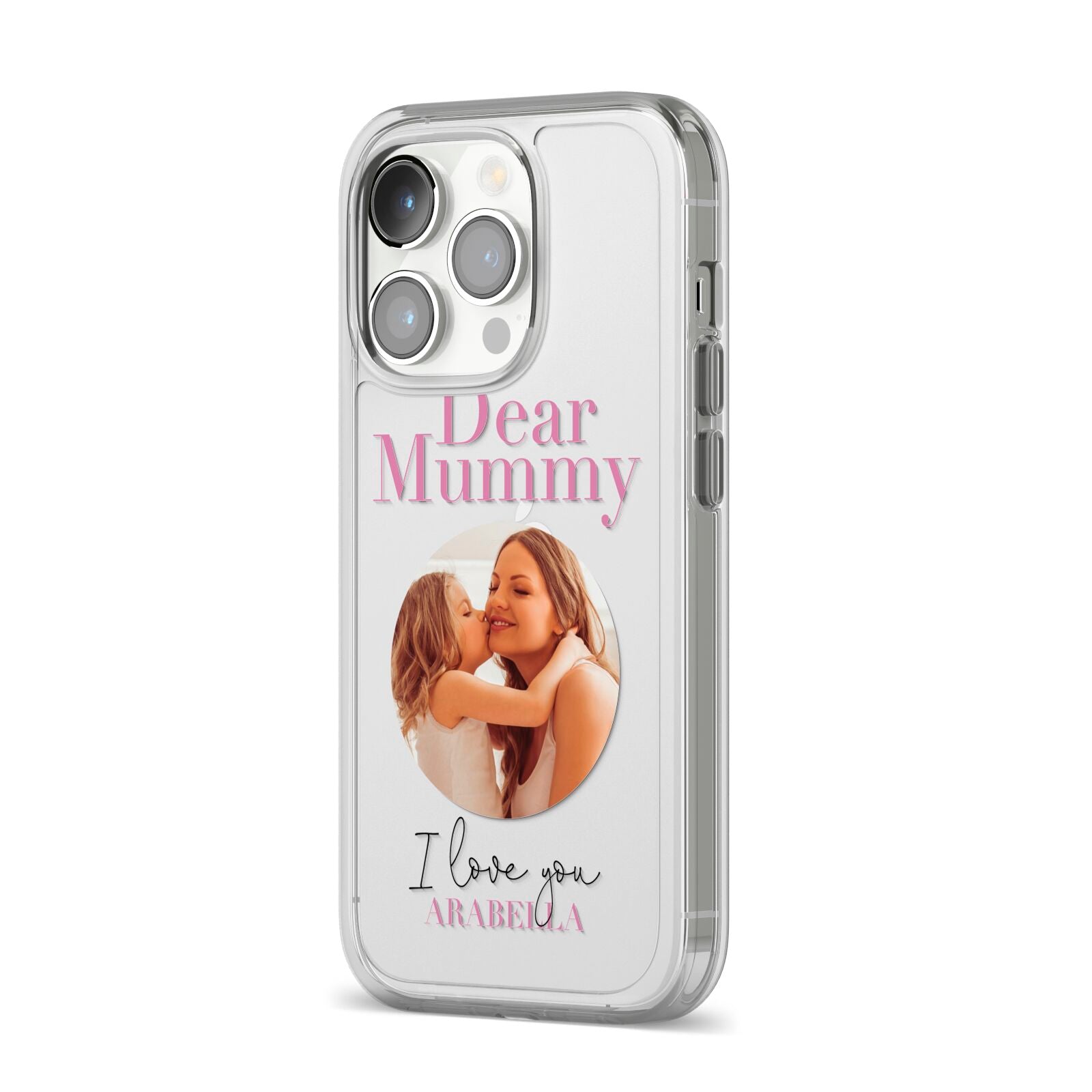 Mummy Personalised Photo with Text iPhone 14 Pro Clear Tough Case Silver Angled Image