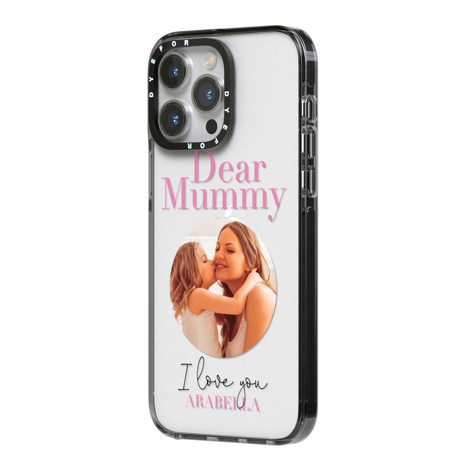 Mummy Personalised Photo with Text iPhone 14 Pro Max Black Impact Case Side Angle on Silver phone