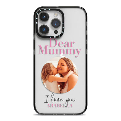 Mummy Personalised Photo with Text iPhone 14 Pro Max Black Impact Case on Silver phone