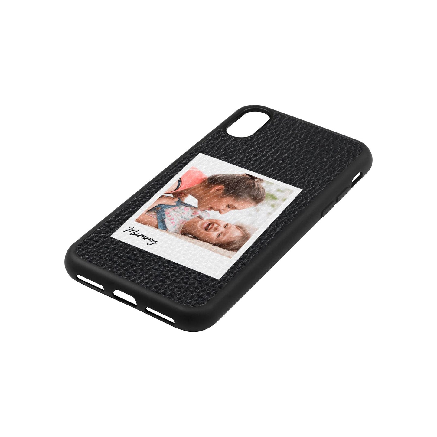 Mummy Photo Black Pebble Leather iPhone Xs Case Side Angle