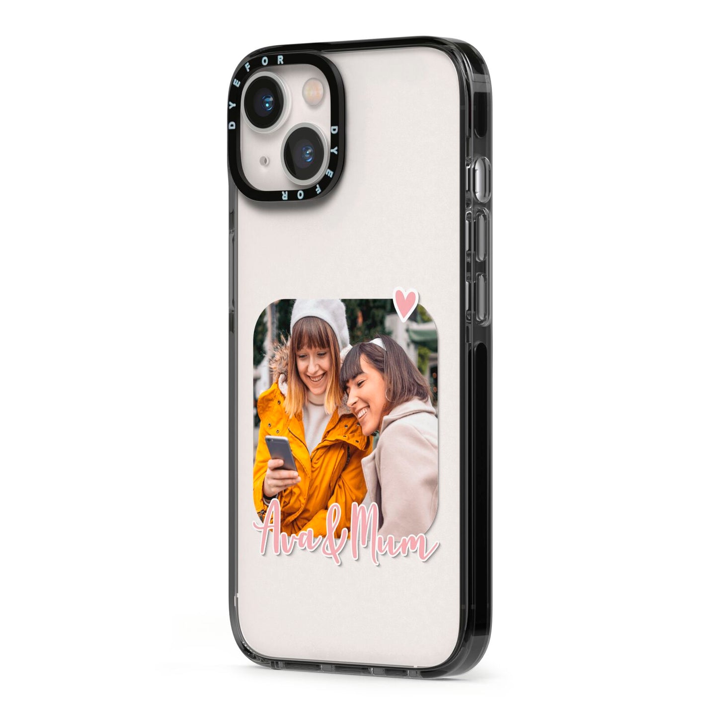 Mummy and Me Custom Photo iPhone 13 Black Impact Case Side Angle on Silver phone