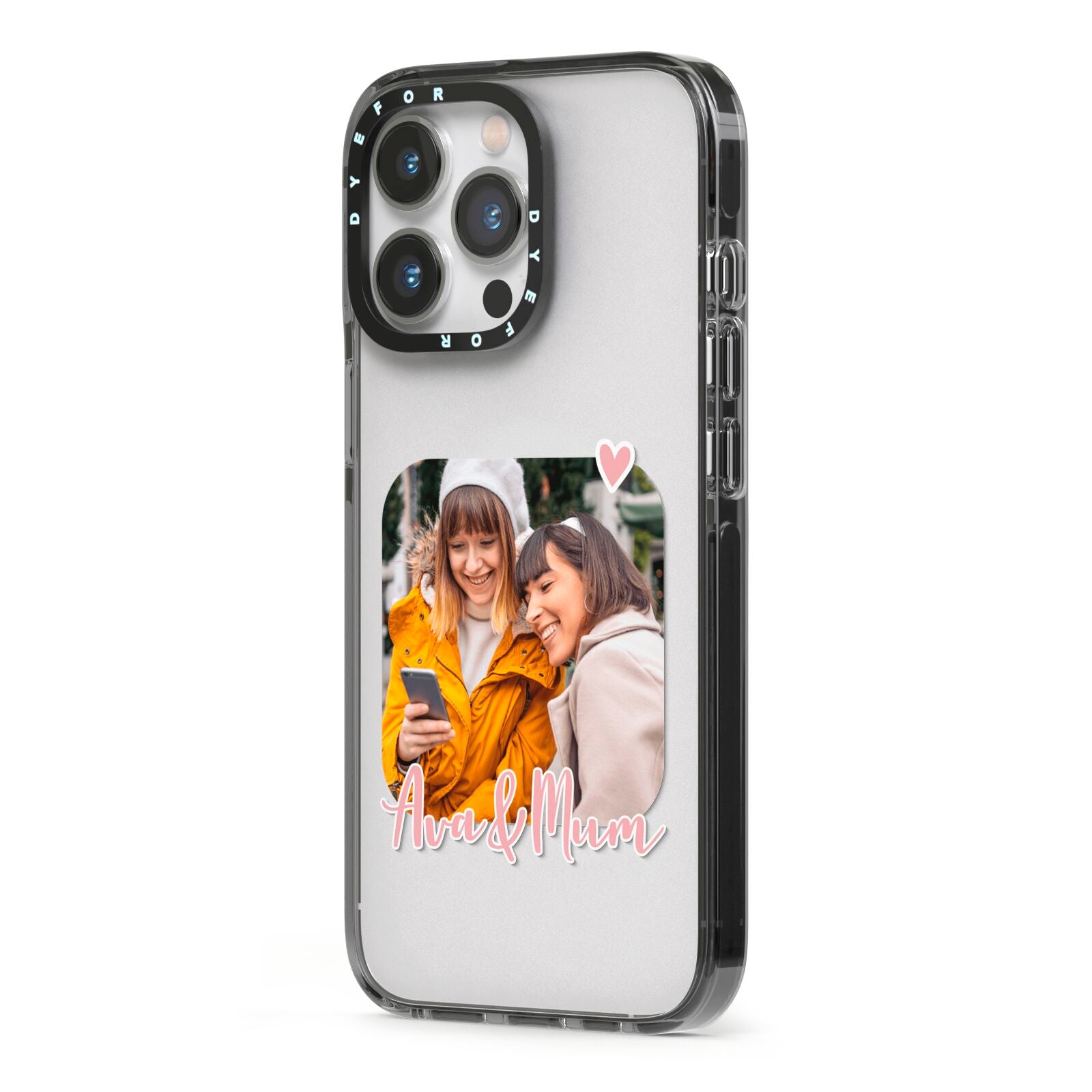 Mummy and Me Custom Photo iPhone 13 Pro Black Impact Case Side Angle on Silver phone