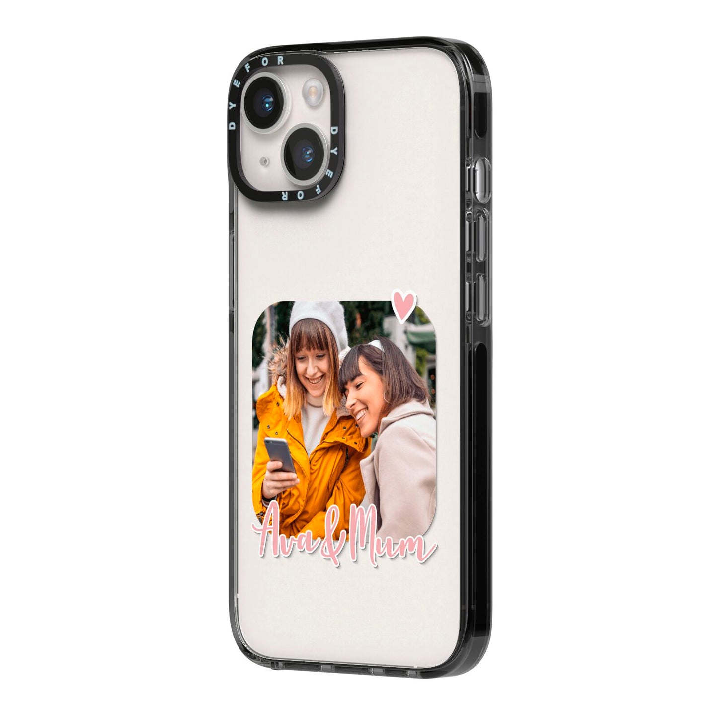 Mummy and Me Custom Photo iPhone 14 Black Impact Case Side Angle on Silver phone