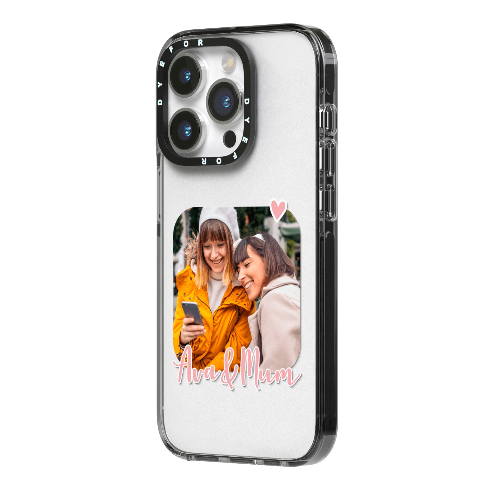 Mummy and Me Custom Photo iPhone 14 Pro Black Impact Case Side Angle on Silver phone