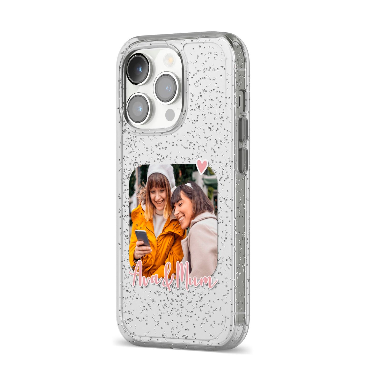 Mummy and Me Custom Photo iPhone 14 Pro Glitter Tough Case Silver Angled Image