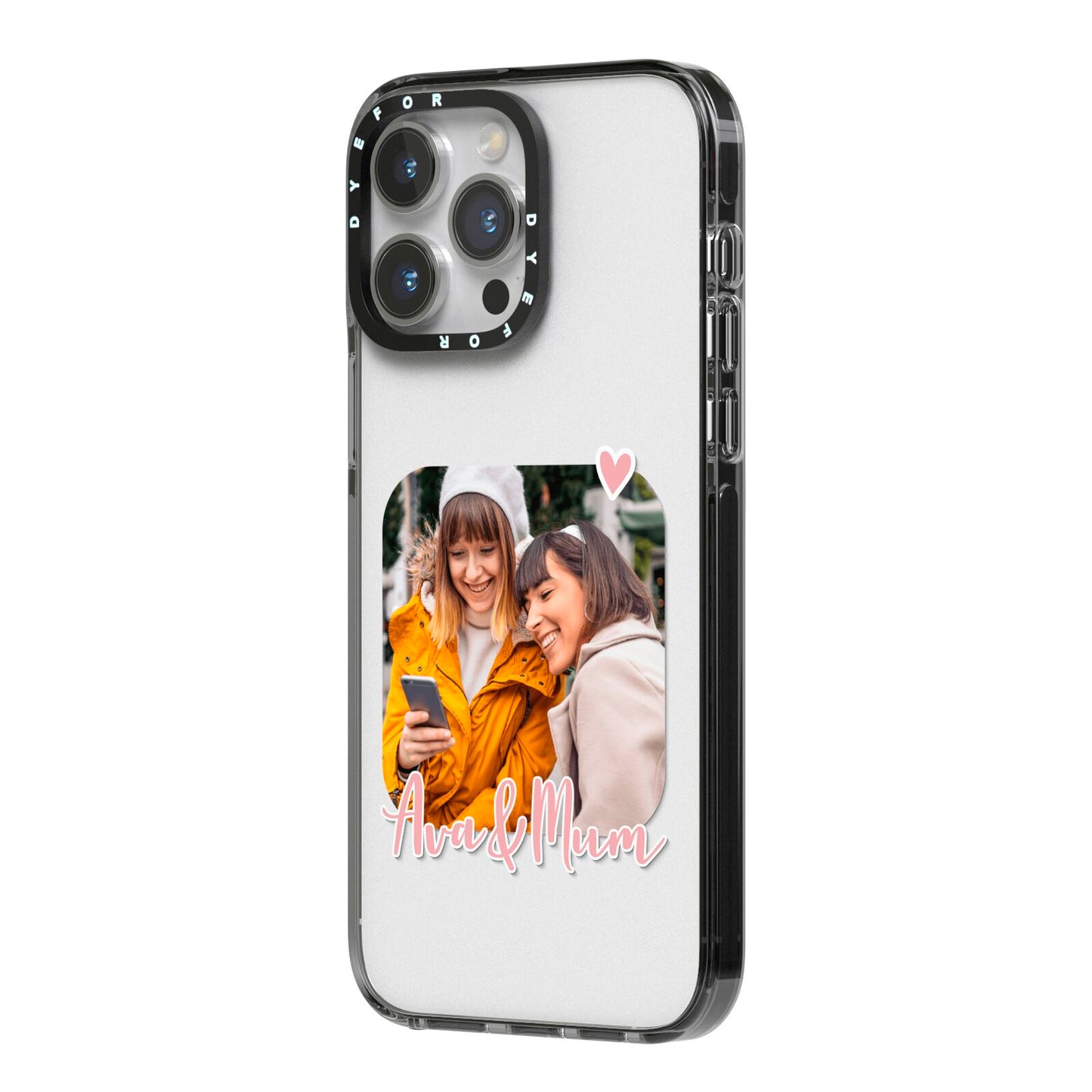 Mummy and Me Custom Photo iPhone 14 Pro Max Black Impact Case Side Angle on Silver phone