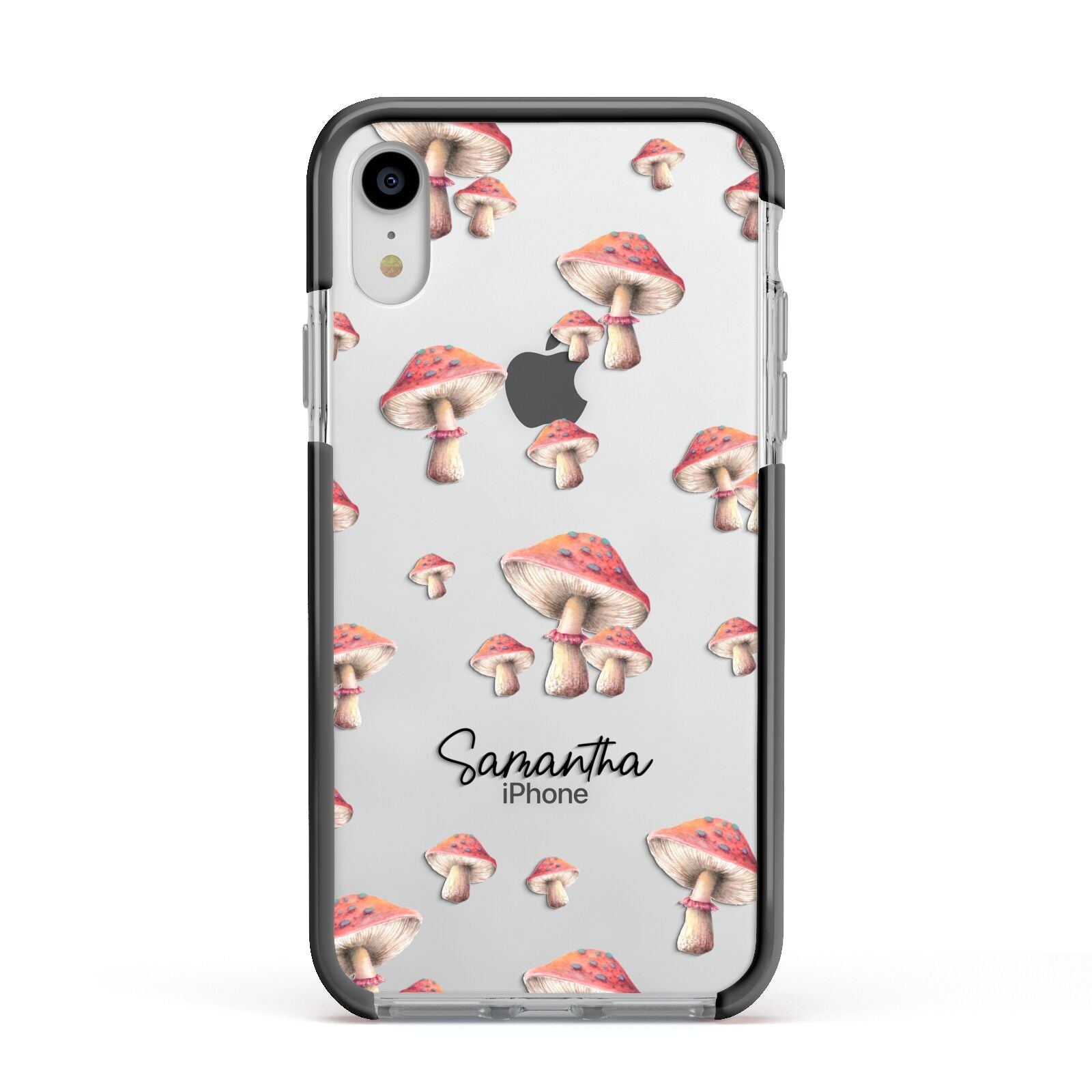Mushroom Illustrations with Name Apple iPhone XR Impact Case Black Edge on Silver Phone