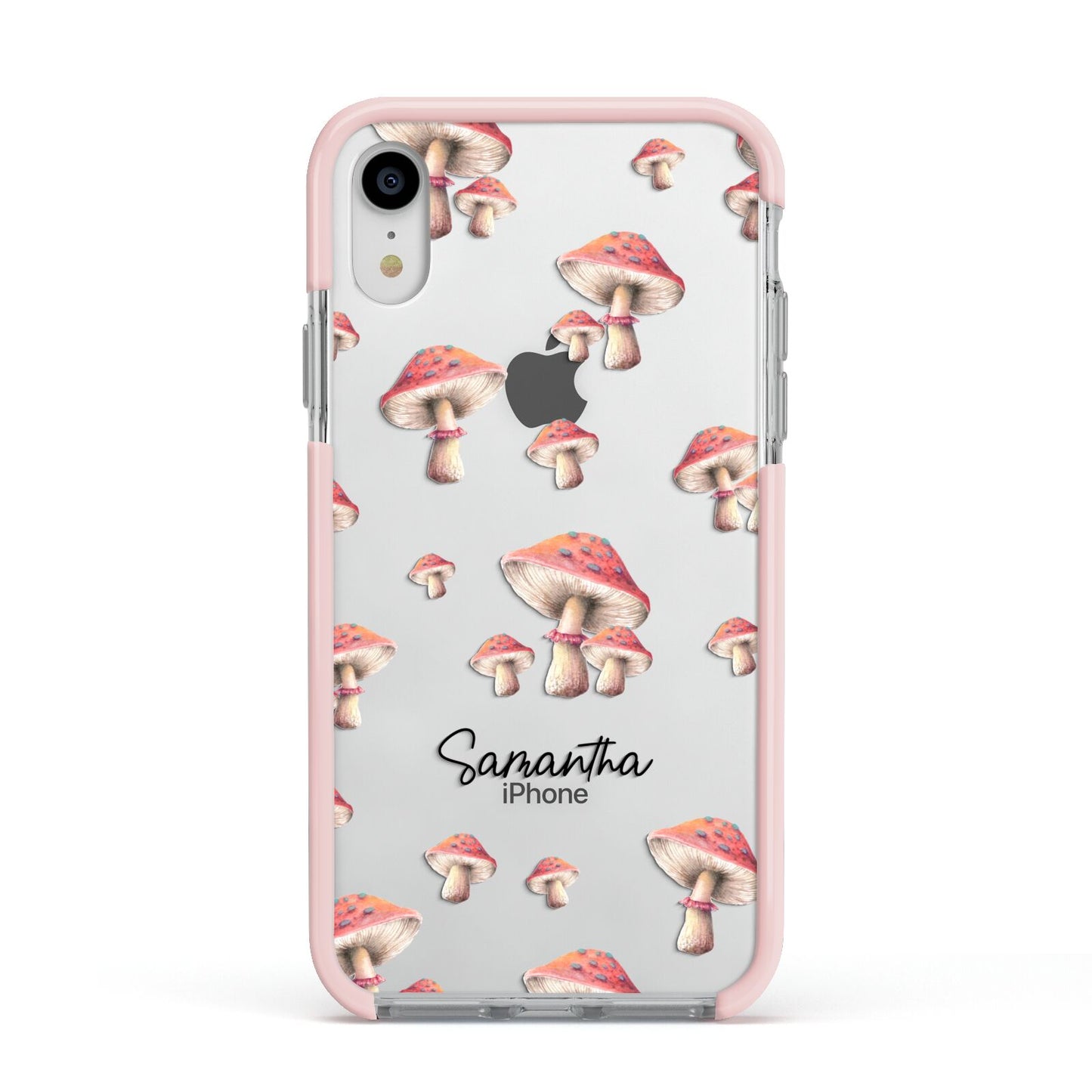 Mushroom Illustrations with Name Apple iPhone XR Impact Case Pink Edge on Silver Phone