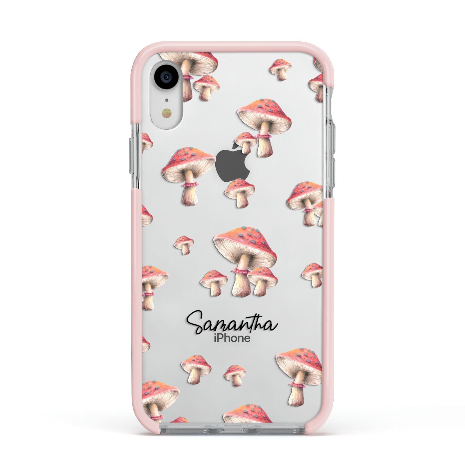 Mushroom Illustrations with Name Apple iPhone XR Impact Case Pink Edge on Silver Phone