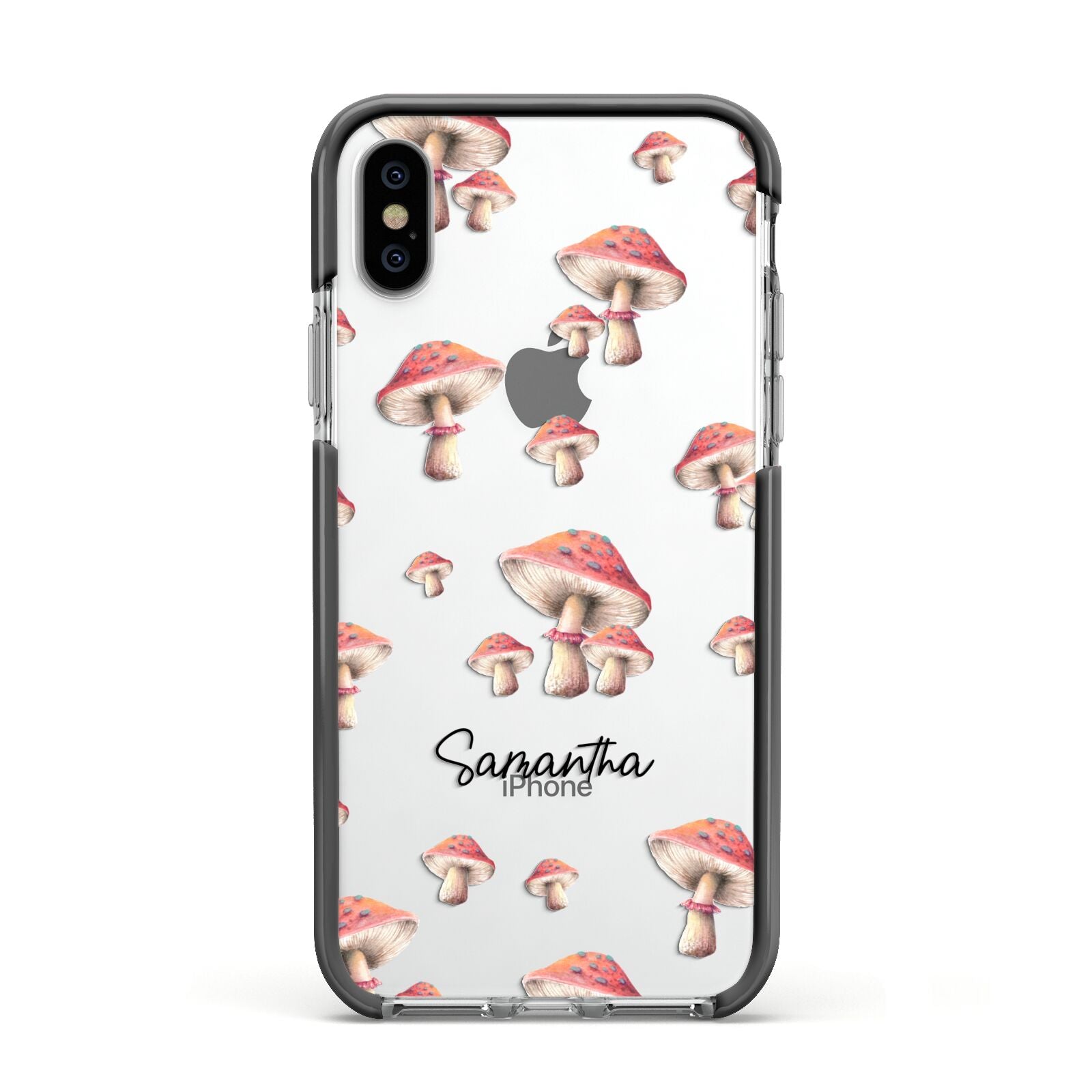 Mushroom Illustrations with Name Apple iPhone Xs Impact Case Black Edge on Silver Phone