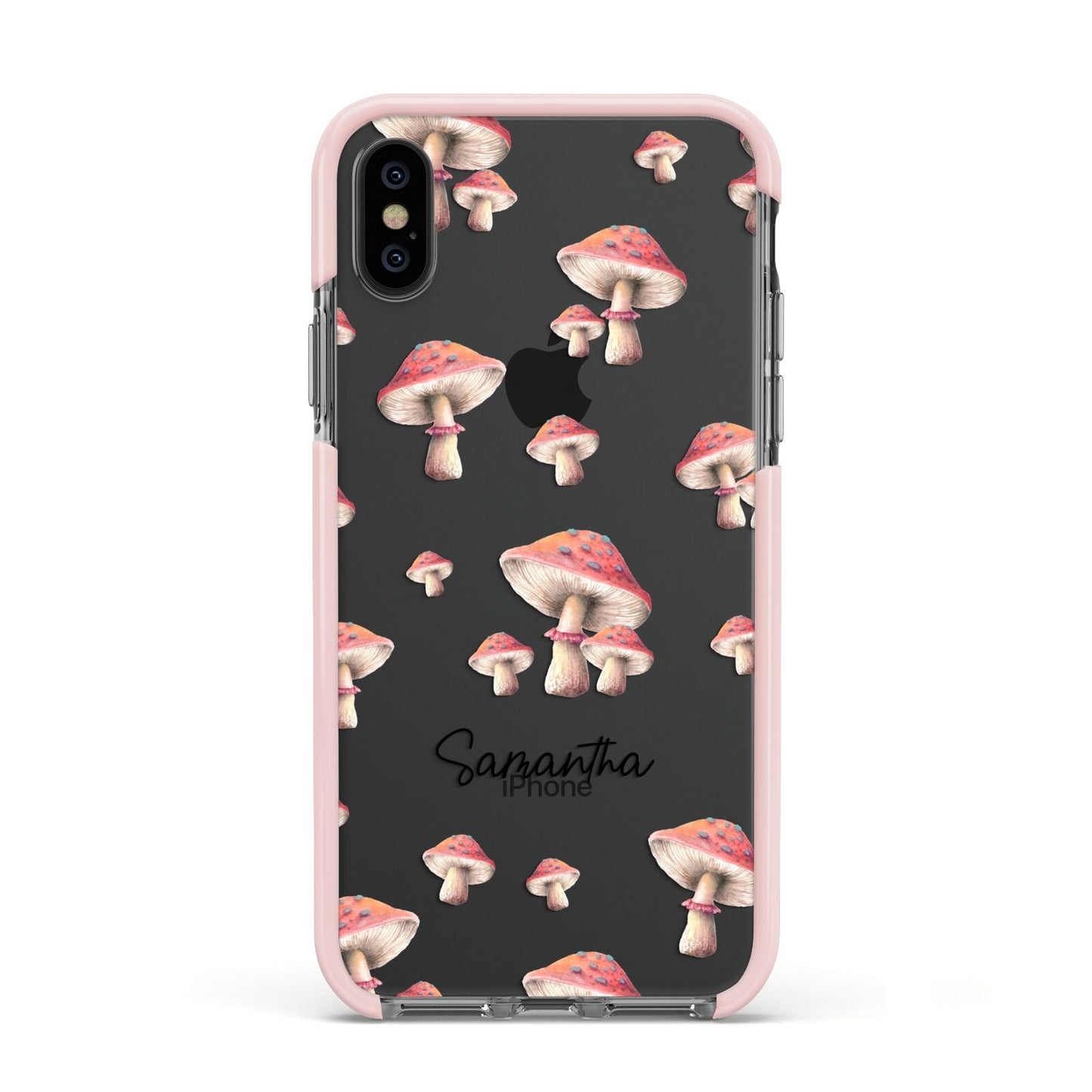 Mushroom Illustrations with Name Apple iPhone Xs Impact Case Pink Edge on Black Phone