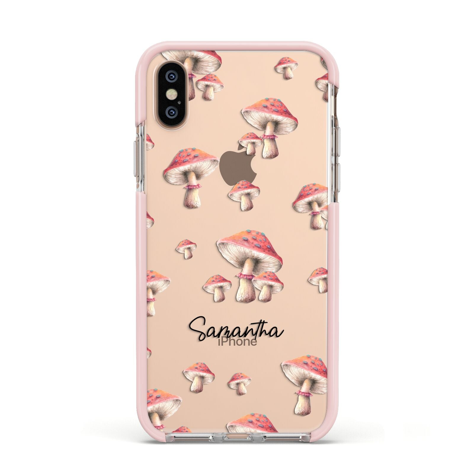 Mushroom Illustrations with Name Apple iPhone Xs Impact Case Pink Edge on Gold Phone