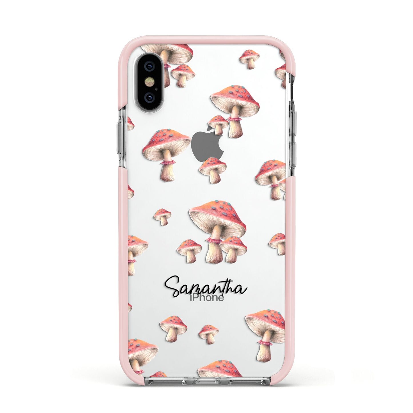 Mushroom Illustrations with Name Apple iPhone Xs Impact Case Pink Edge on Silver Phone