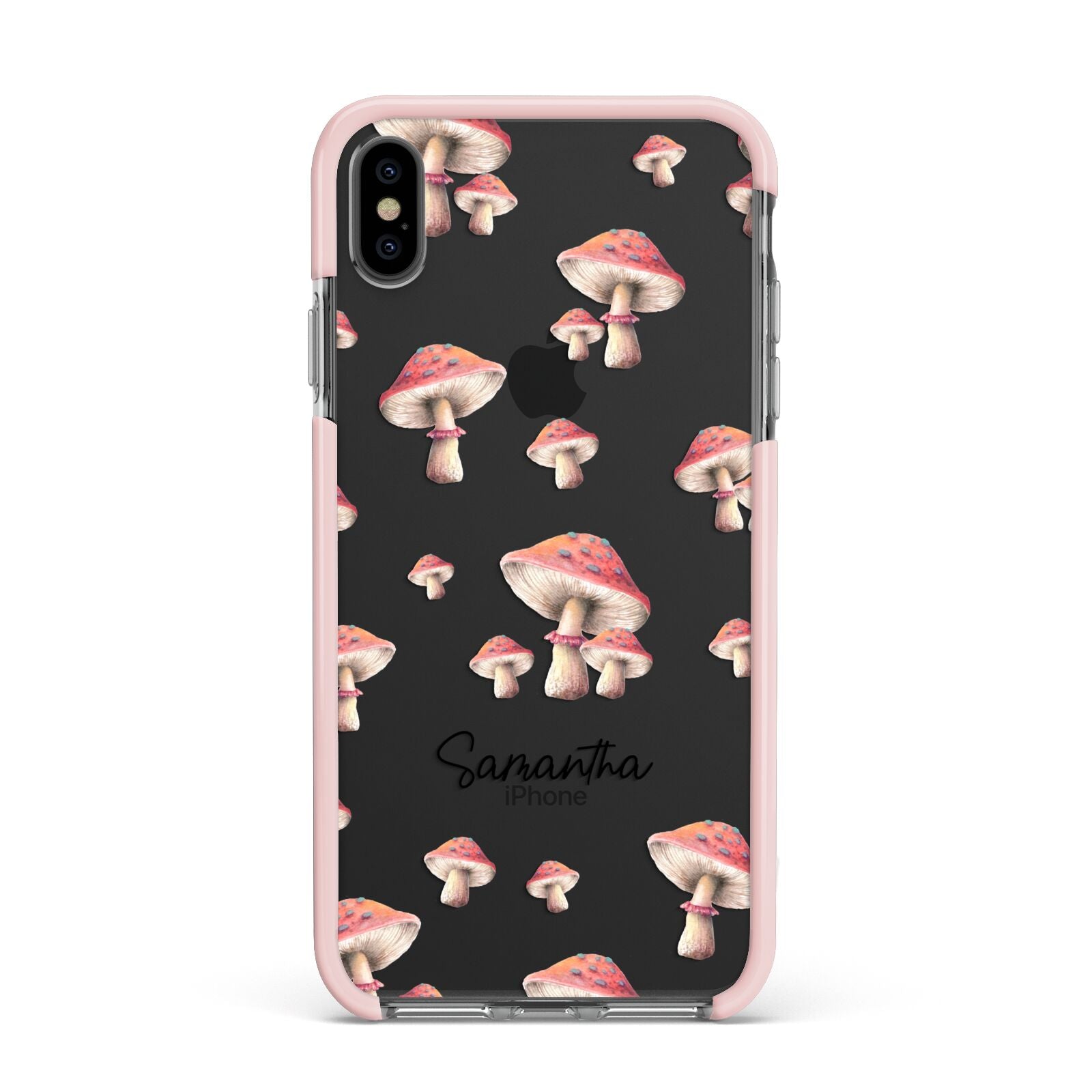 Mushroom Illustrations with Name Apple iPhone Xs Max Impact Case Pink Edge on Black Phone