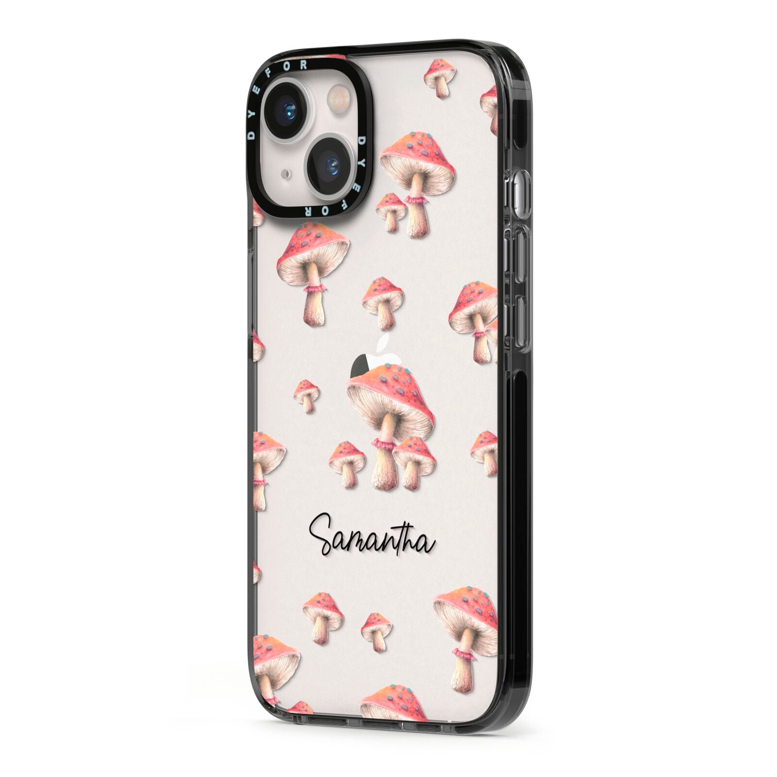 Mushroom Illustrations with Name iPhone 13 Black Impact Case Side Angle on Silver phone