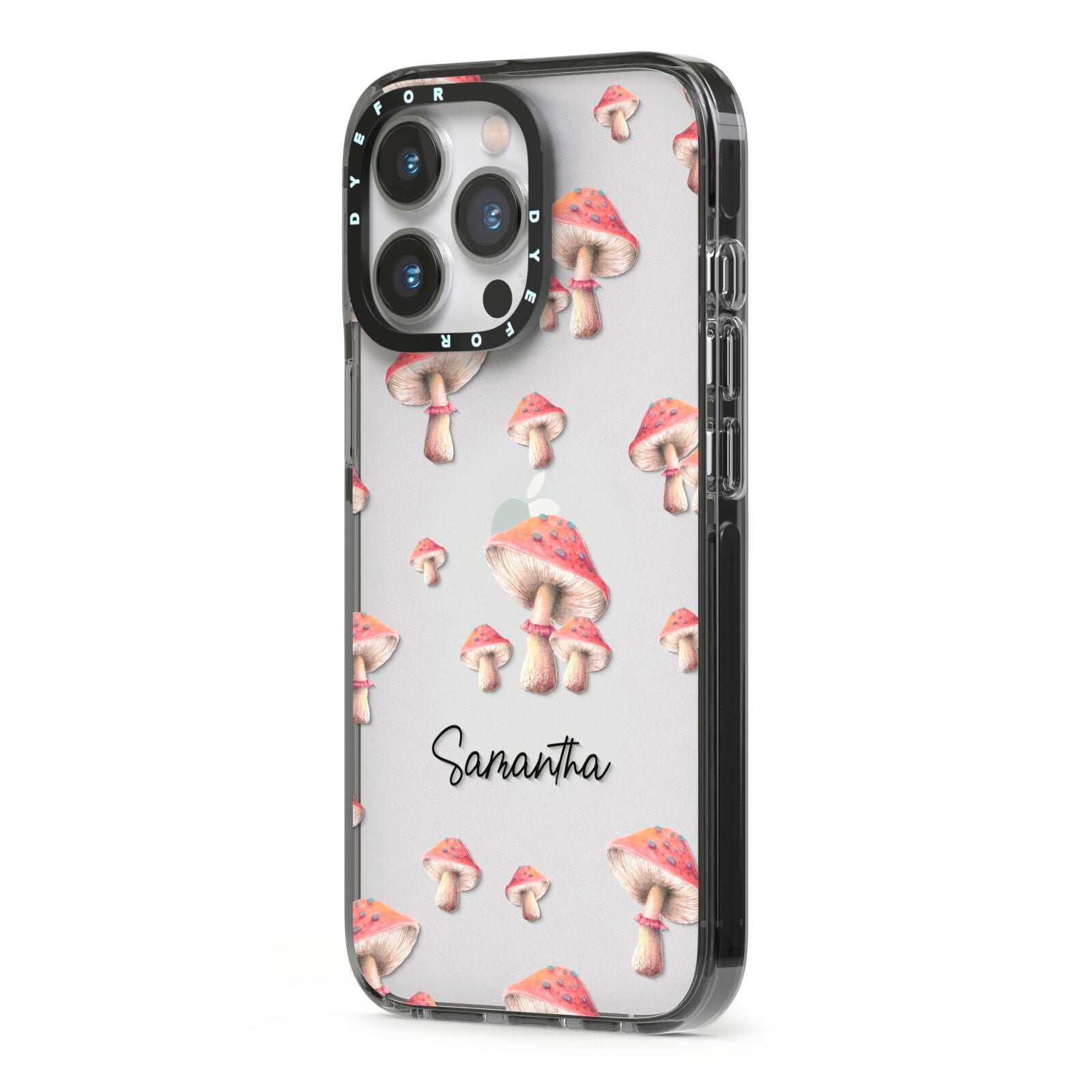 Mushroom Illustrations with Name iPhone 13 Pro Black Impact Case Side Angle on Silver phone